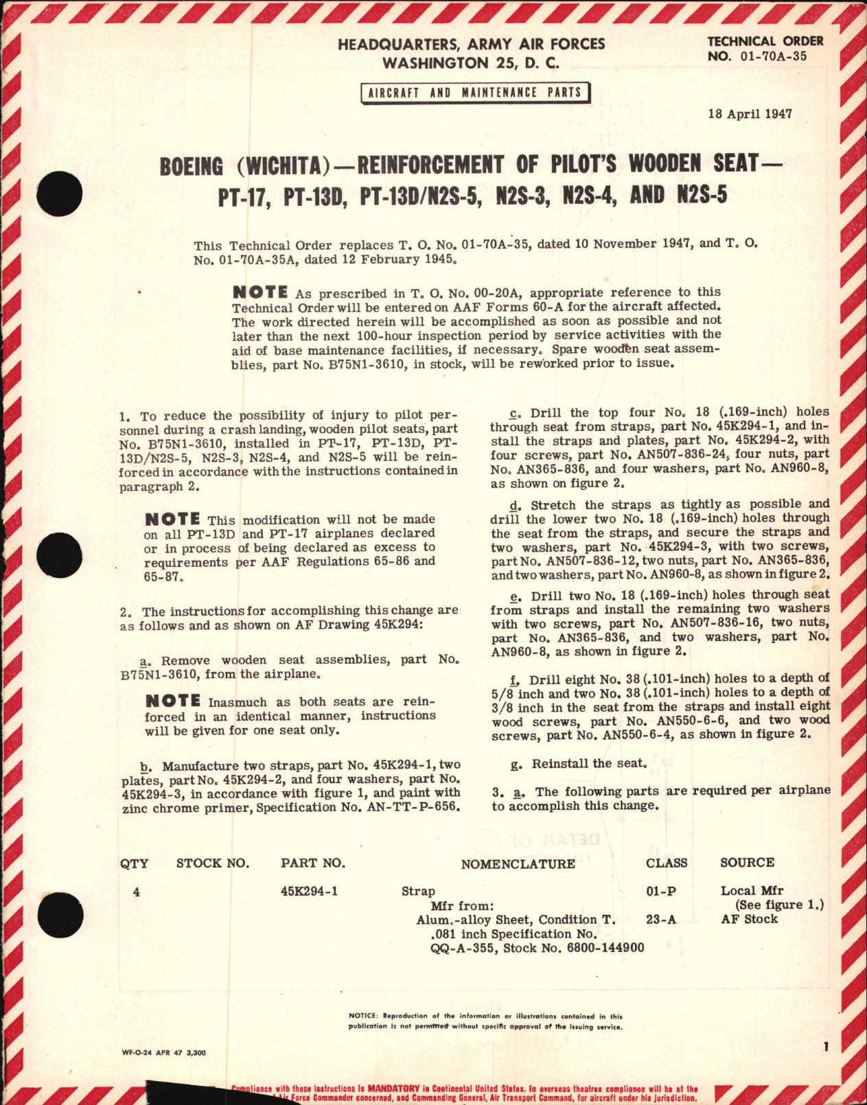 Sample page 1 from AirCorps Library document: Reinforcement of Pilot's Wooden Seat for PT-17, -13D, and N2S-5, -3, -4 