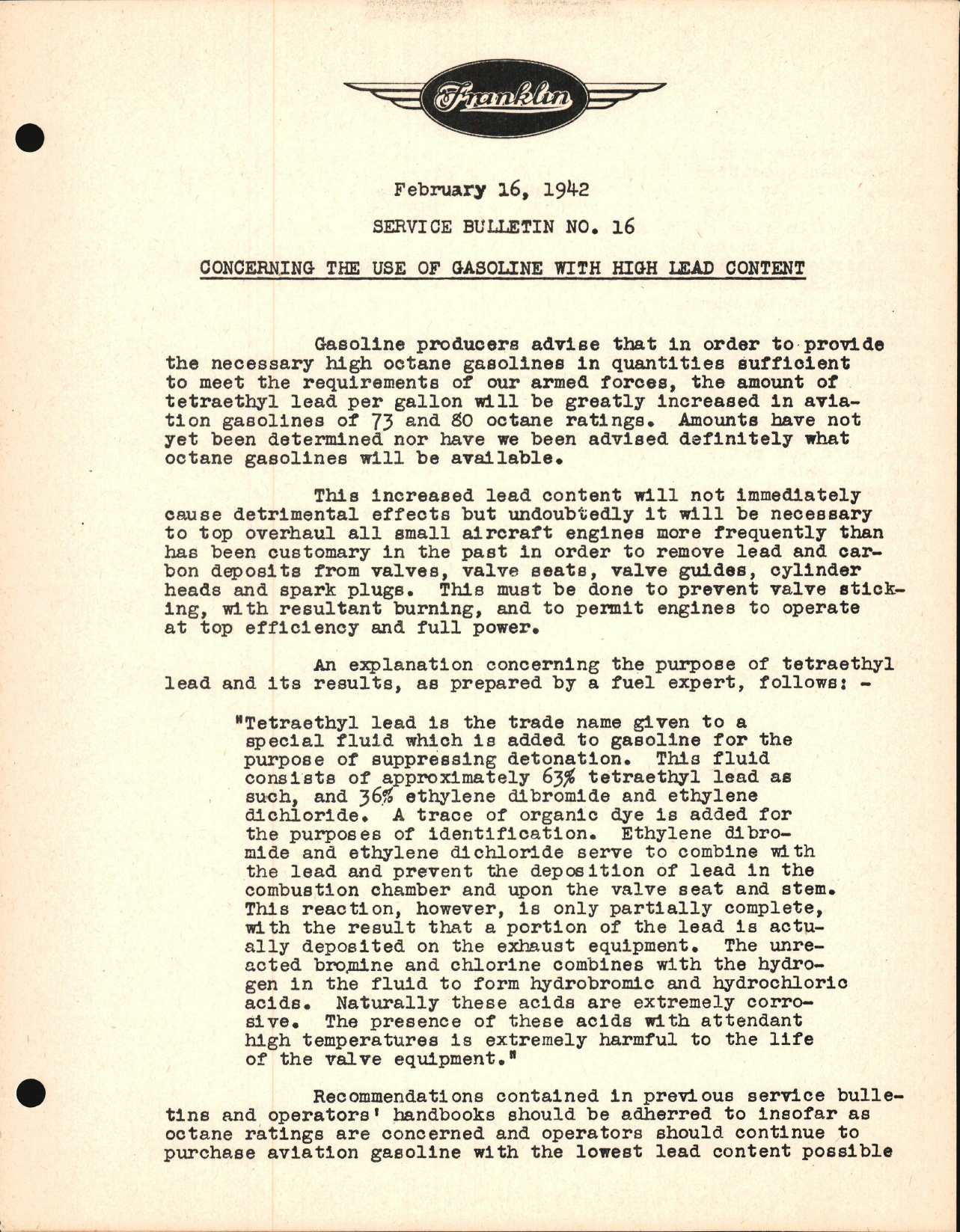 Sample page 1 from AirCorps Library document: Concerning the use of Gasoline with High Lead Content