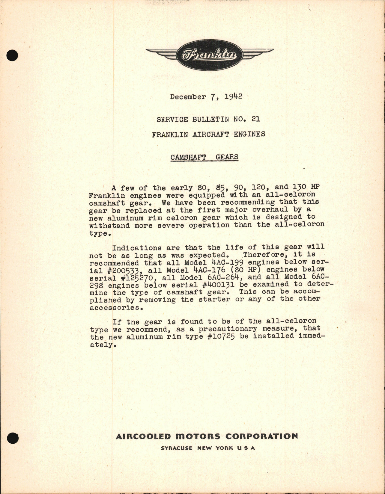 Sample page 1 from AirCorps Library document: Camshaft Gears