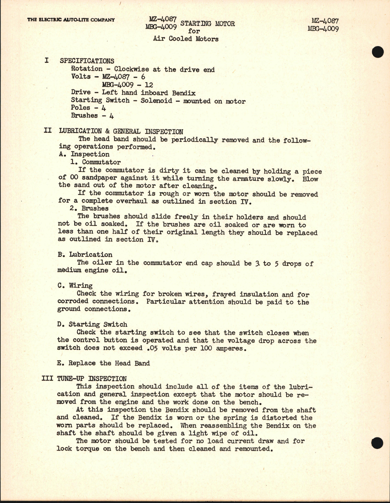 Sample page 1 from AirCorps Library document: Starting Motor for Air Cooled Motors, Part No. MZ-4087 and MBG-4009