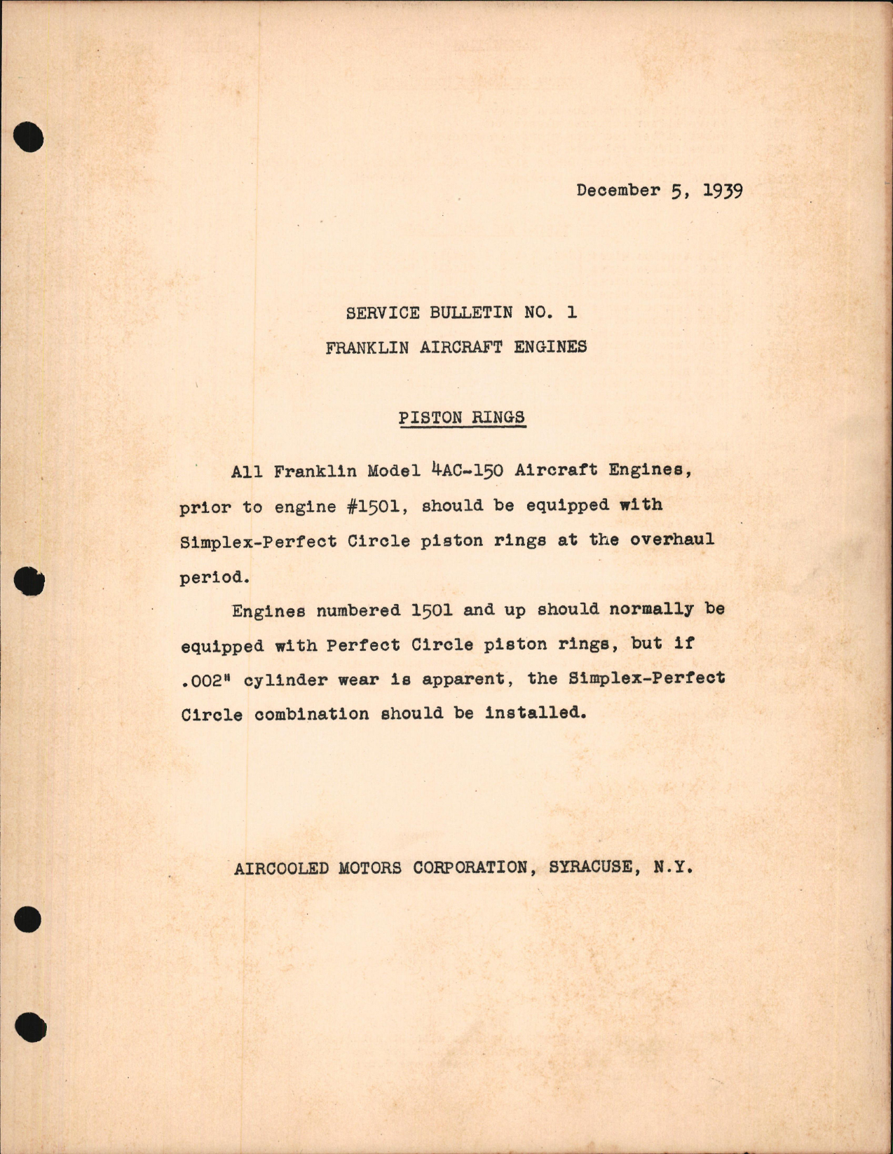 Sample page 1 from AirCorps Library document: Piston Rings for 4AC-150 Engines