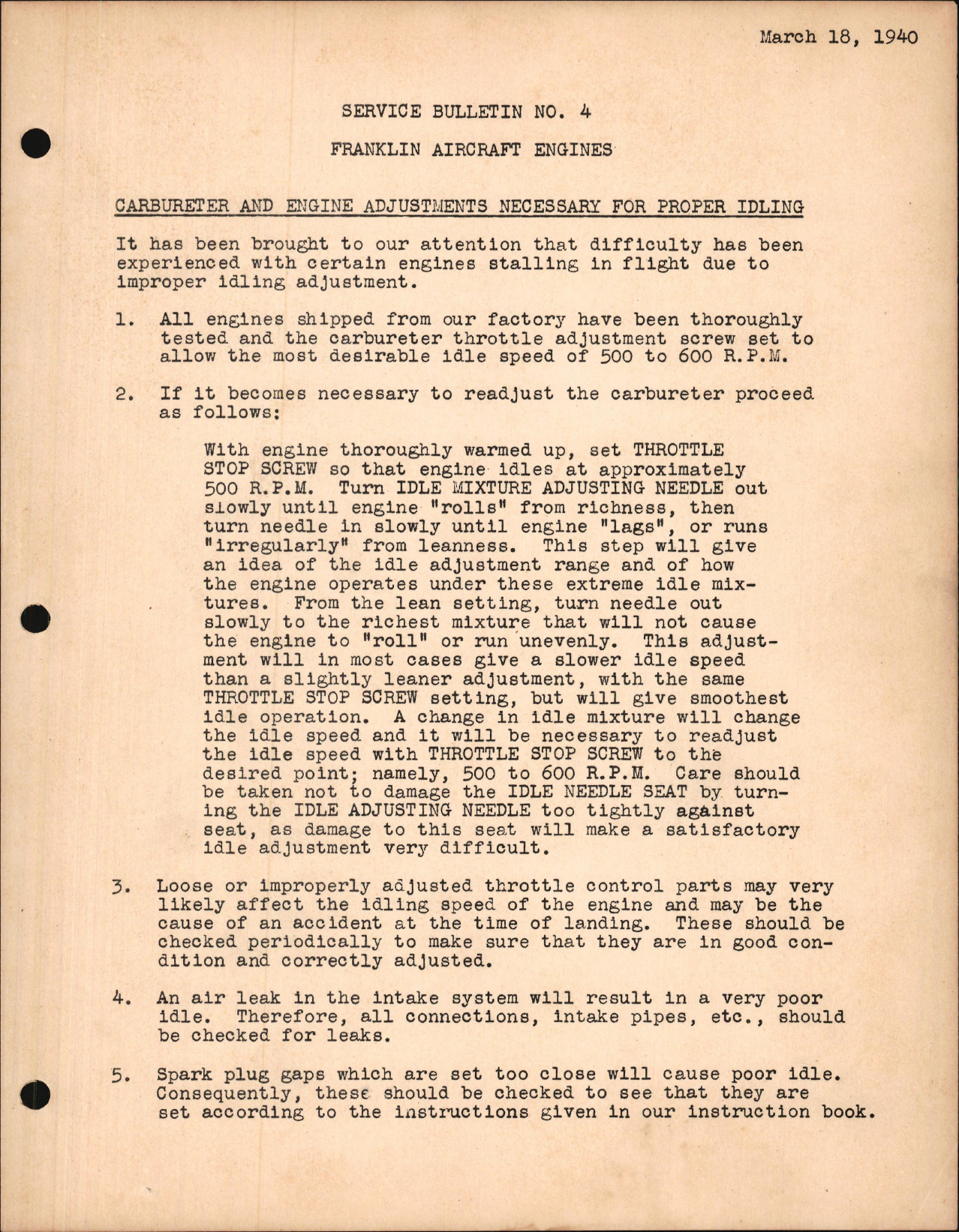 Sample page 1 from AirCorps Library document: Carburetor & Engine Adjustments Necessary for Proper Idling