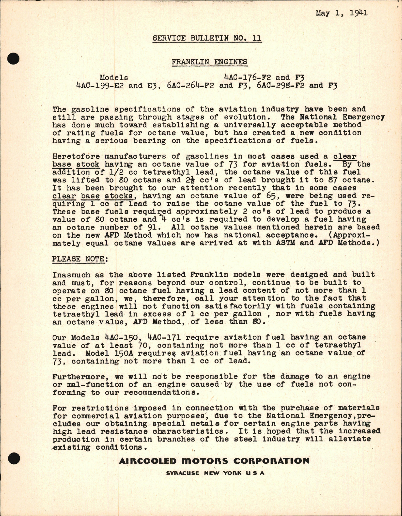 Sample page 1 from AirCorps Library document: Franklin Engines 4AC-199-E2 & -E3, 6AC-264-f2 & -F3, 6AC-298-F2 & -F3