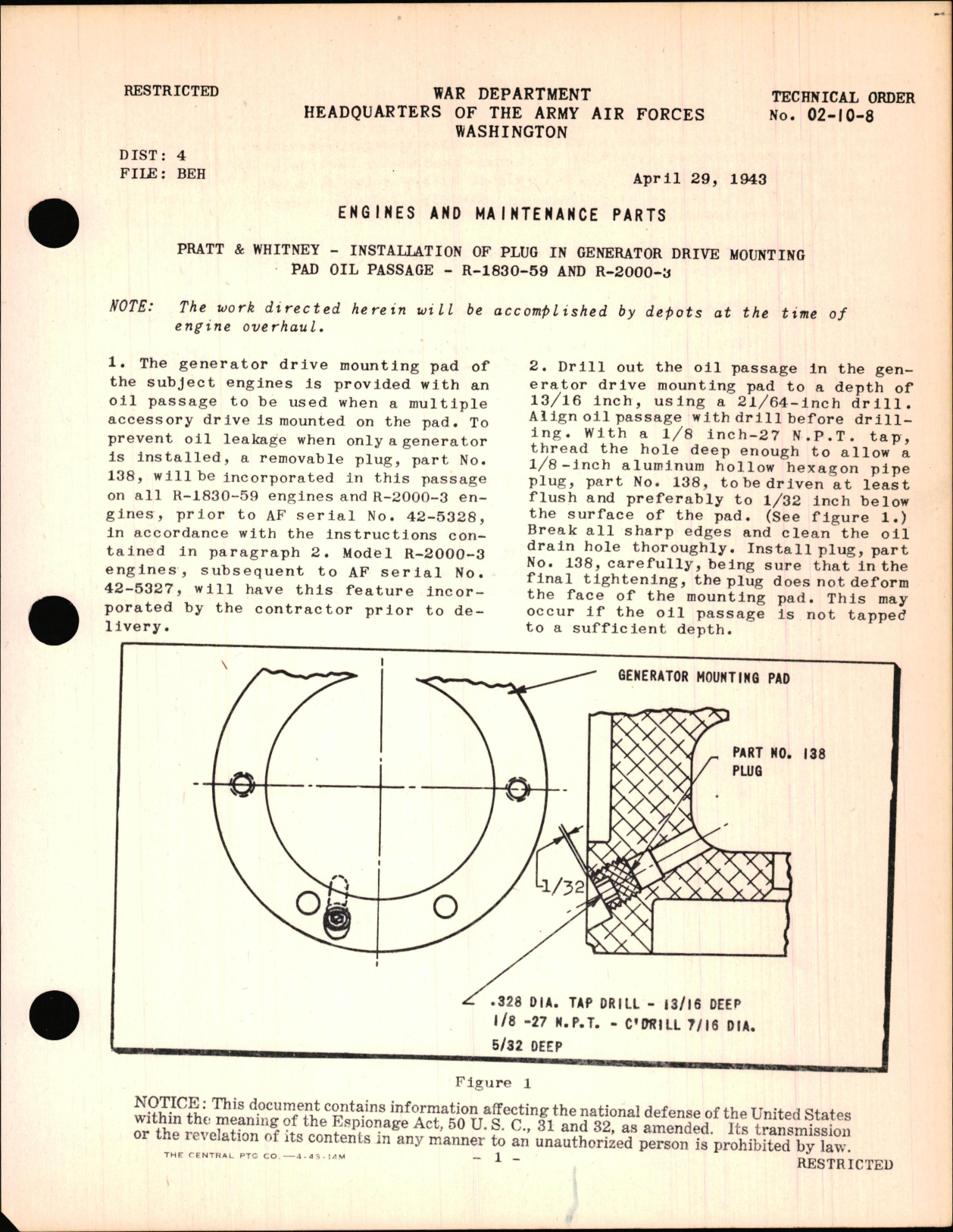 Sample page 1 from AirCorps Library document: Installation of Plug In Generator Drive Mounting Pad Oil Passage on Pratt & Whitney R-1830-59 and R-2000-3