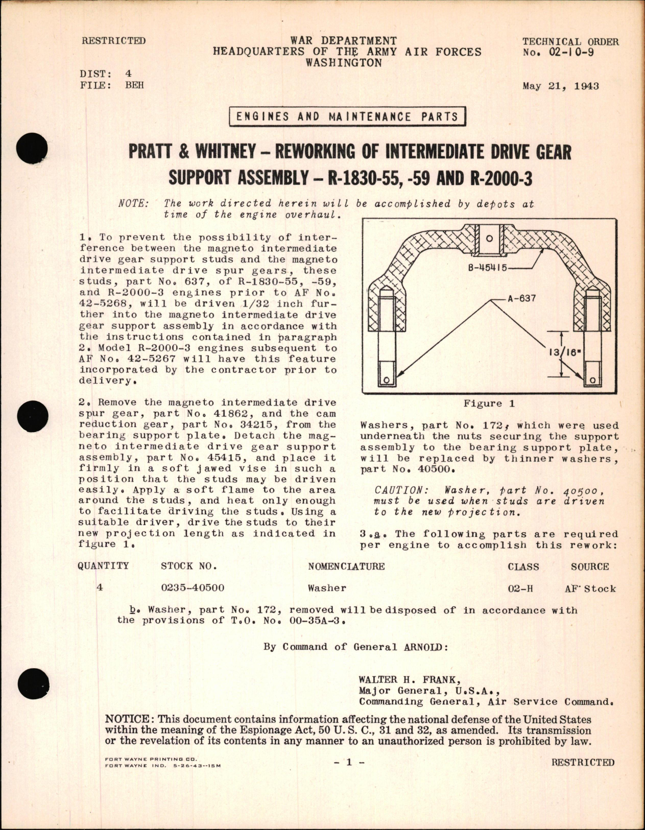 Sample page 1 from AirCorps Library document: Reworking of Intermediate Drive Gear Support Assembly on Pratt & Whitney R-1830-55 & R-2000-3