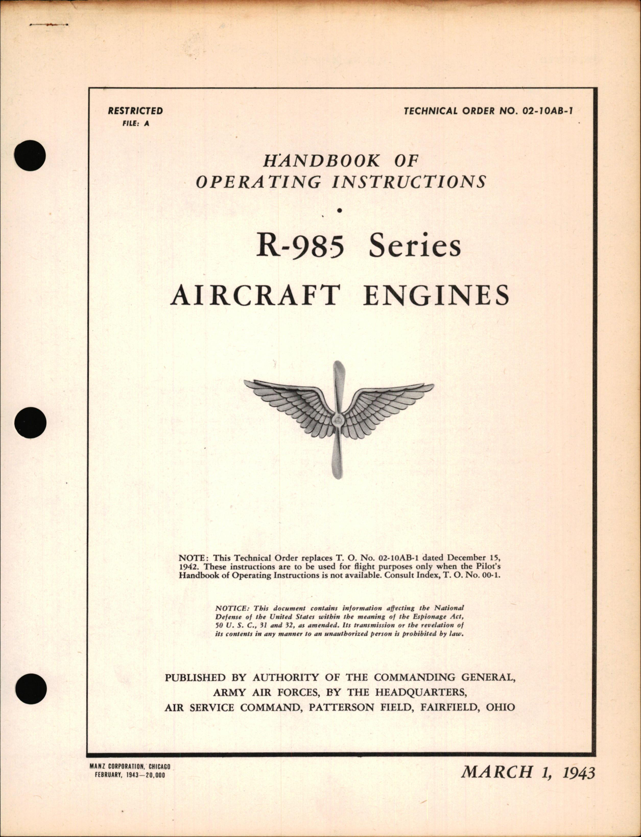 Sample page 1 from AirCorps Library document: Operating Instructions for R-985 Series Aircraft Engines