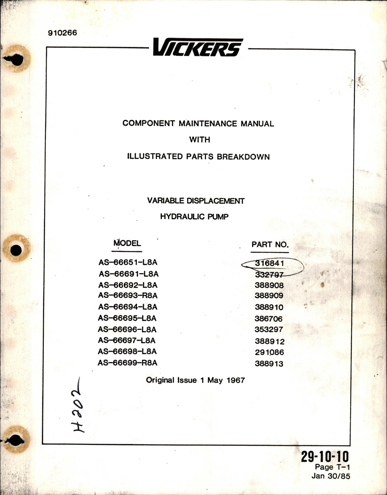 Sample page 1 from AirCorps Library document: Maintenance Manual with Illustrated Parts Breakdown for Variable Displacement Hydraulic Pump