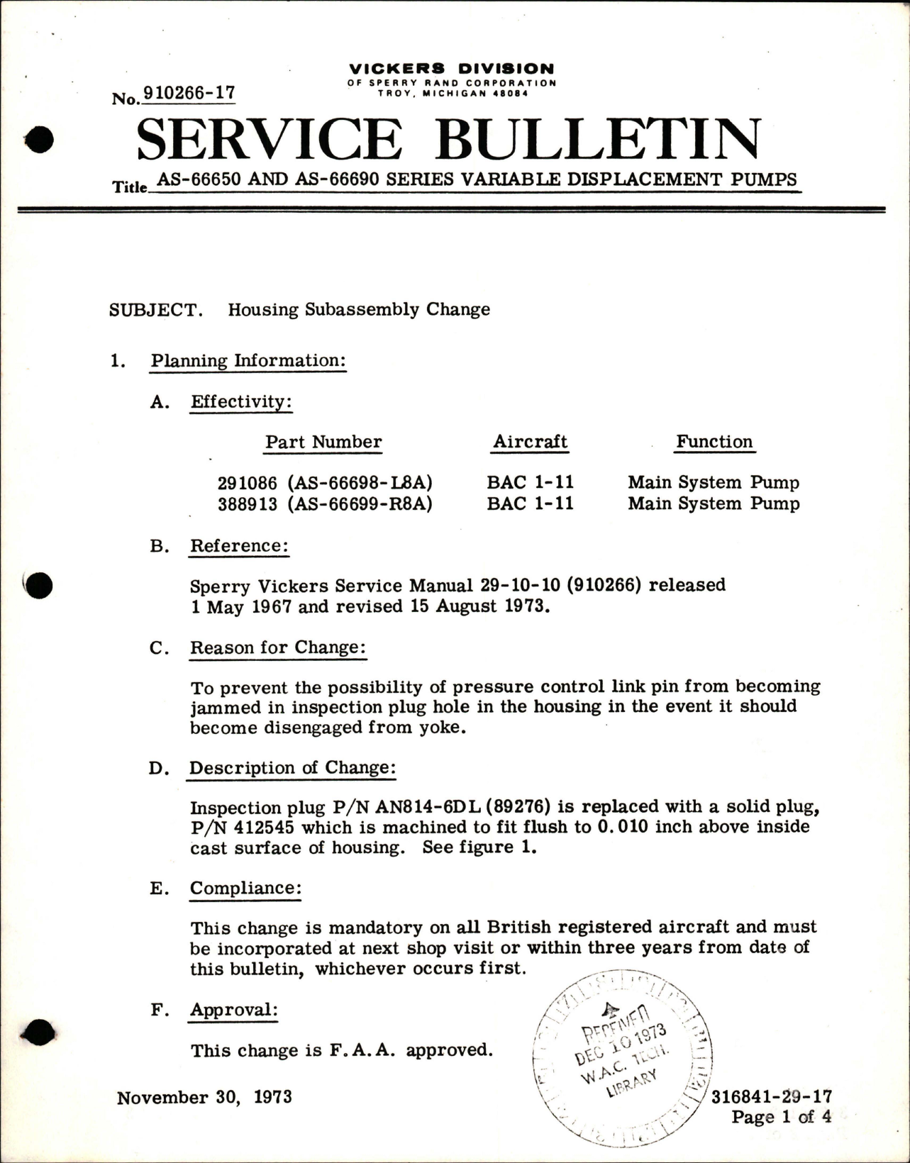 Sample page 1 from AirCorps Library document: Housing Subassembly Change for Variable Displacement Hydraulic Pumps - AS-66650 and AS-66690