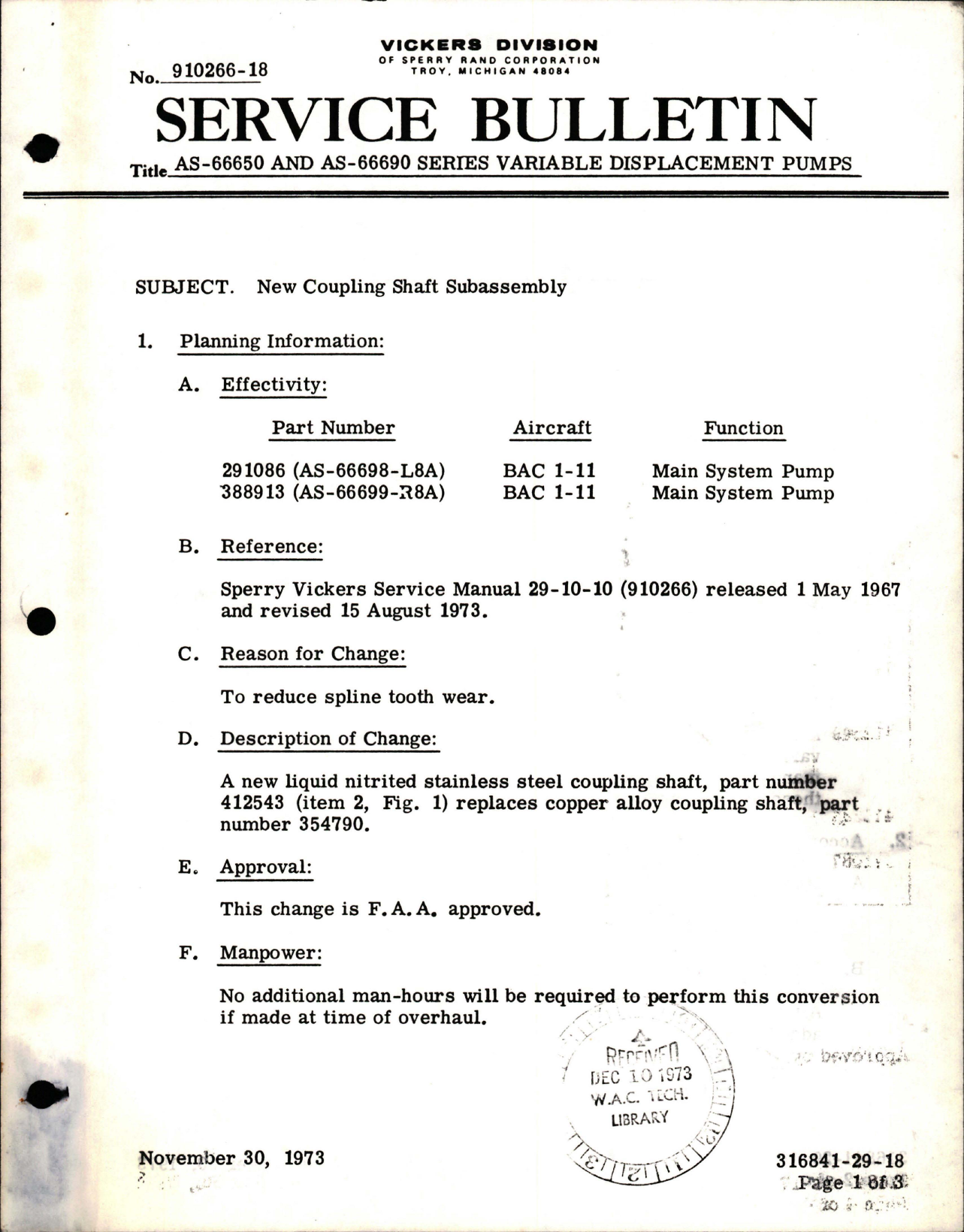 Sample page 1 from AirCorps Library document: New Coupling Shaft Subassembly for Variable Displacement Hydraulic Pumps - Parts 291086 and 388913