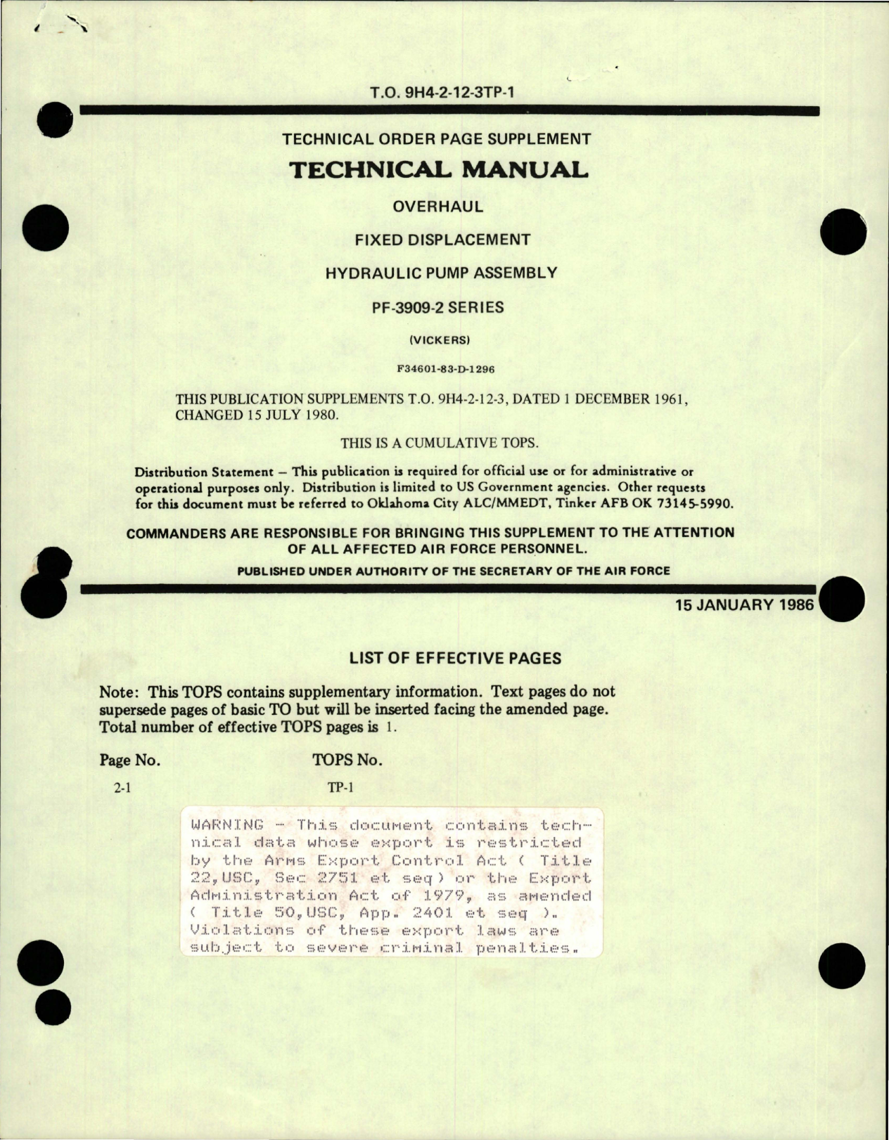 Sample page 1 from AirCorps Library document: Supplement to Overhaul Manual for Fixed Displacement Hydraulic Pump Assembly - PF-3909-2 Series
