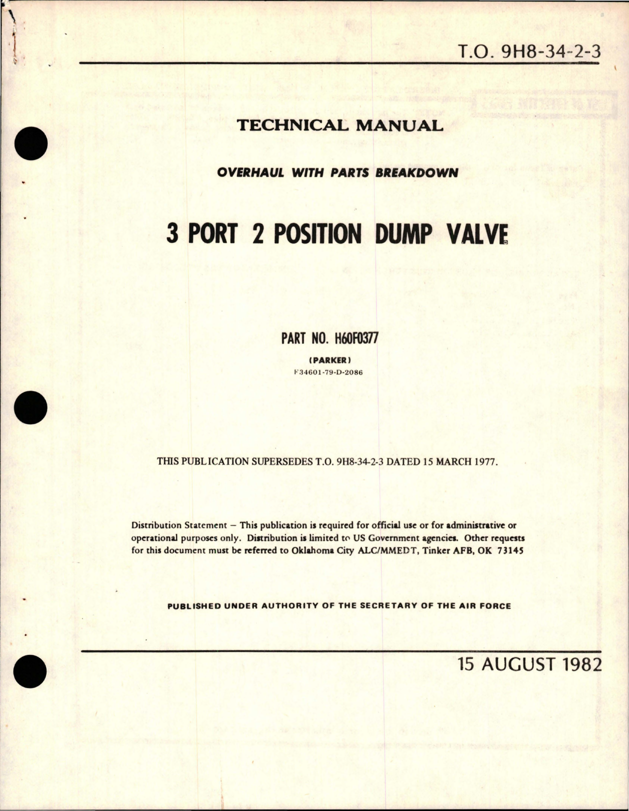 Sample page 1 from AirCorps Library document: Overhaul with Parts Breakdown for 3 Port 2 Position Dump Valve - Part H60F0377