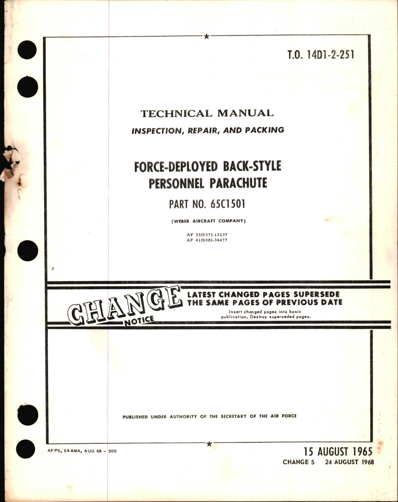 Sample page 1 from AirCorps Library document: Inspection, Repair, and Packing of Force-Deployed Back-Style, Personnel Parachute PN 65C1501