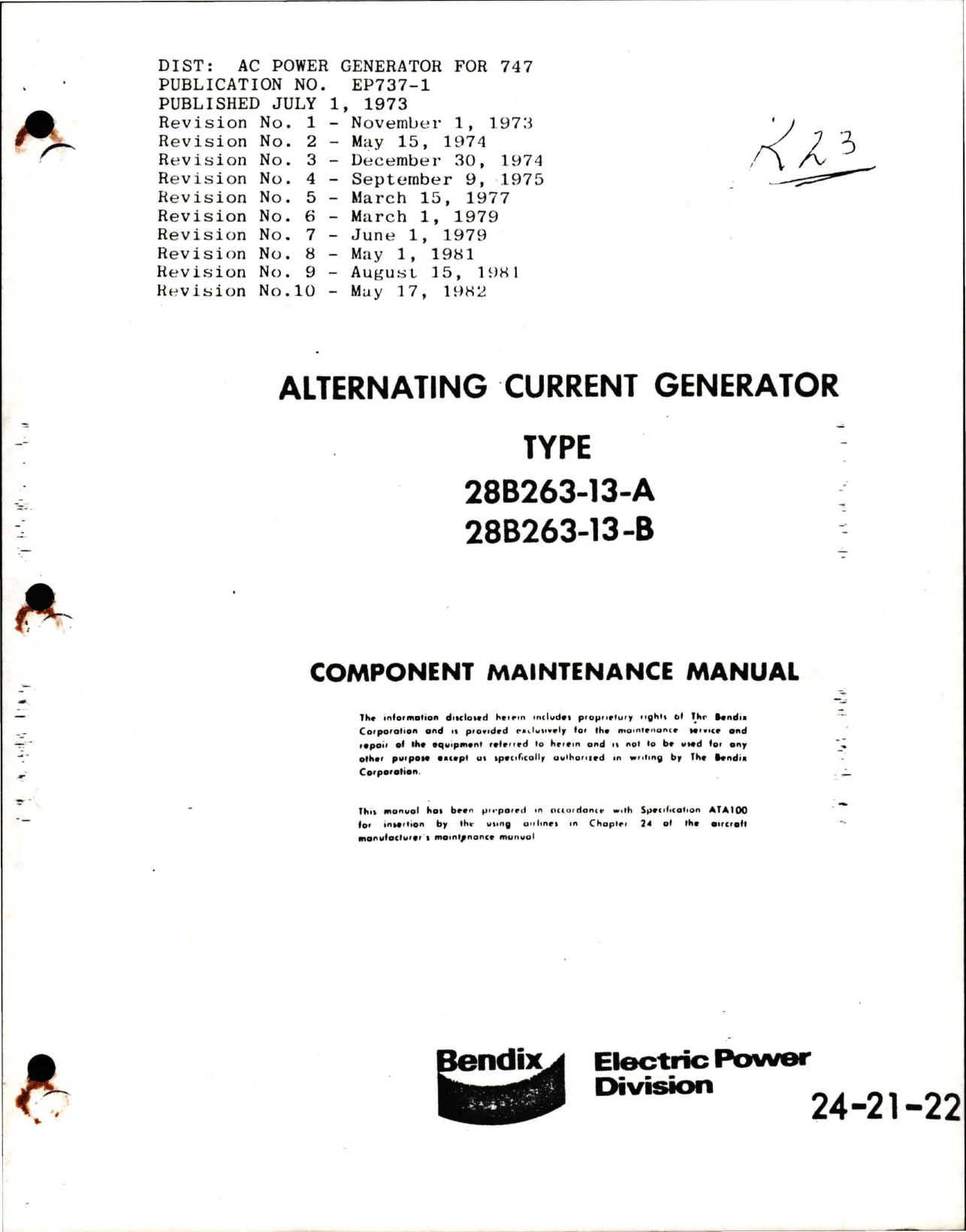Sample page 1 from AirCorps Library document: Maintenance Manual for Alternating Current Generator - Type 28B263-13-A and 28B263-13-B
