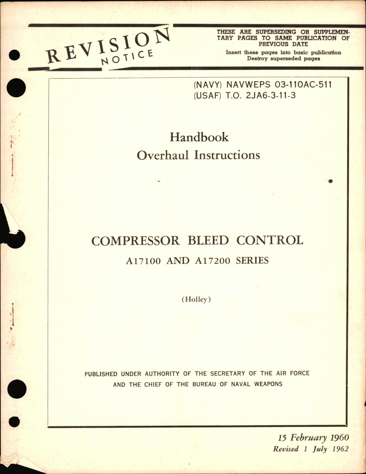 Sample page 1 from AirCorps Library document: Overhaul Instructions for Compressor Bleed Control A17100 & A17200 Series