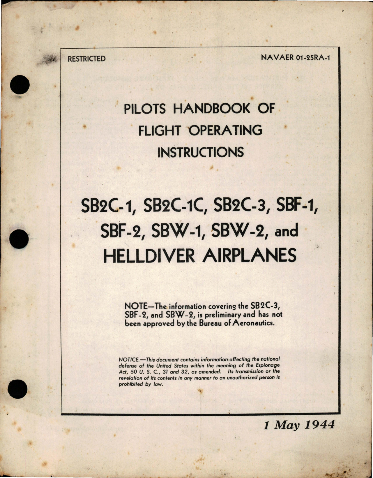 Sample page 1 from AirCorps Library document: Pilot's Handbook of Flight Operating Instructions for SB2C-1, SB2C-1C, SB2C-3, SBF-1, SBF-2, SBW-1, SBW-2 and Helldiver