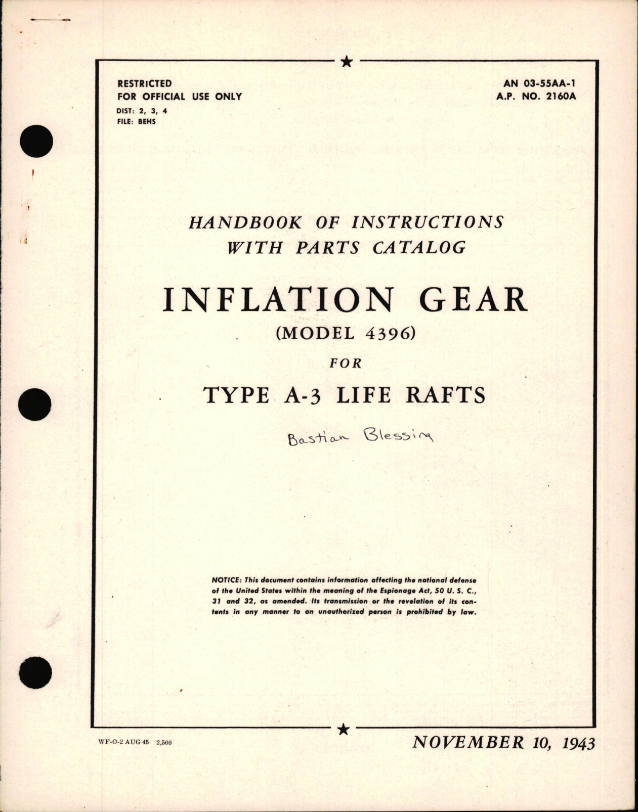 Sample page 1 from AirCorps Library document: Instructions with Parts Catalog for Model 4396 Inflation Gear for Type A-3 Life Rafts
