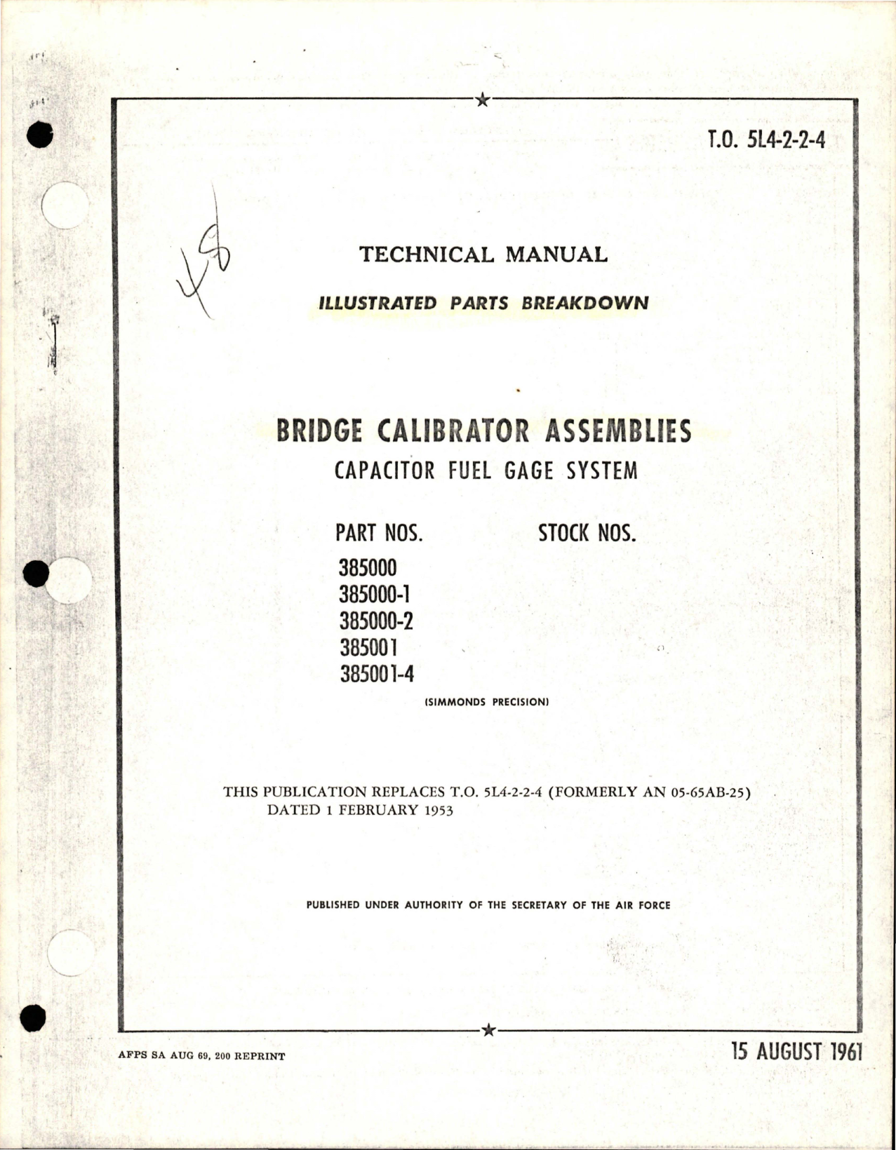 Sample page 1 from AirCorps Library document: Illustrated Parts Breakdown for Bridge Calibrator Assemblies - Capacitor Fuel Gage System