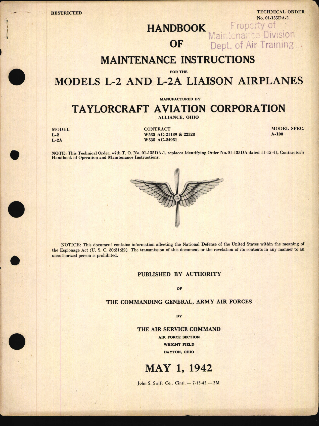 Sample page 1 from AirCorps Library document: Maintenance Instructions for Models L-2 and L-2A Liaison Airplanes