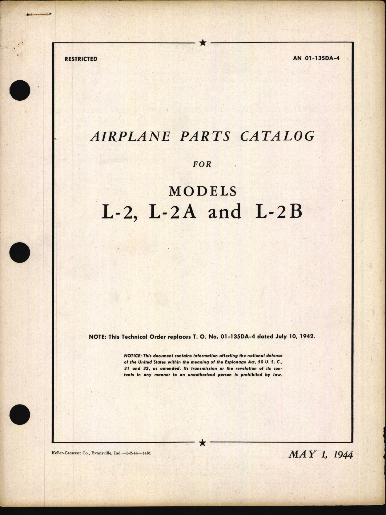 Sample page 1 from AirCorps Library document: Parts Catalog for Models L-2, L-2A, and L-2B