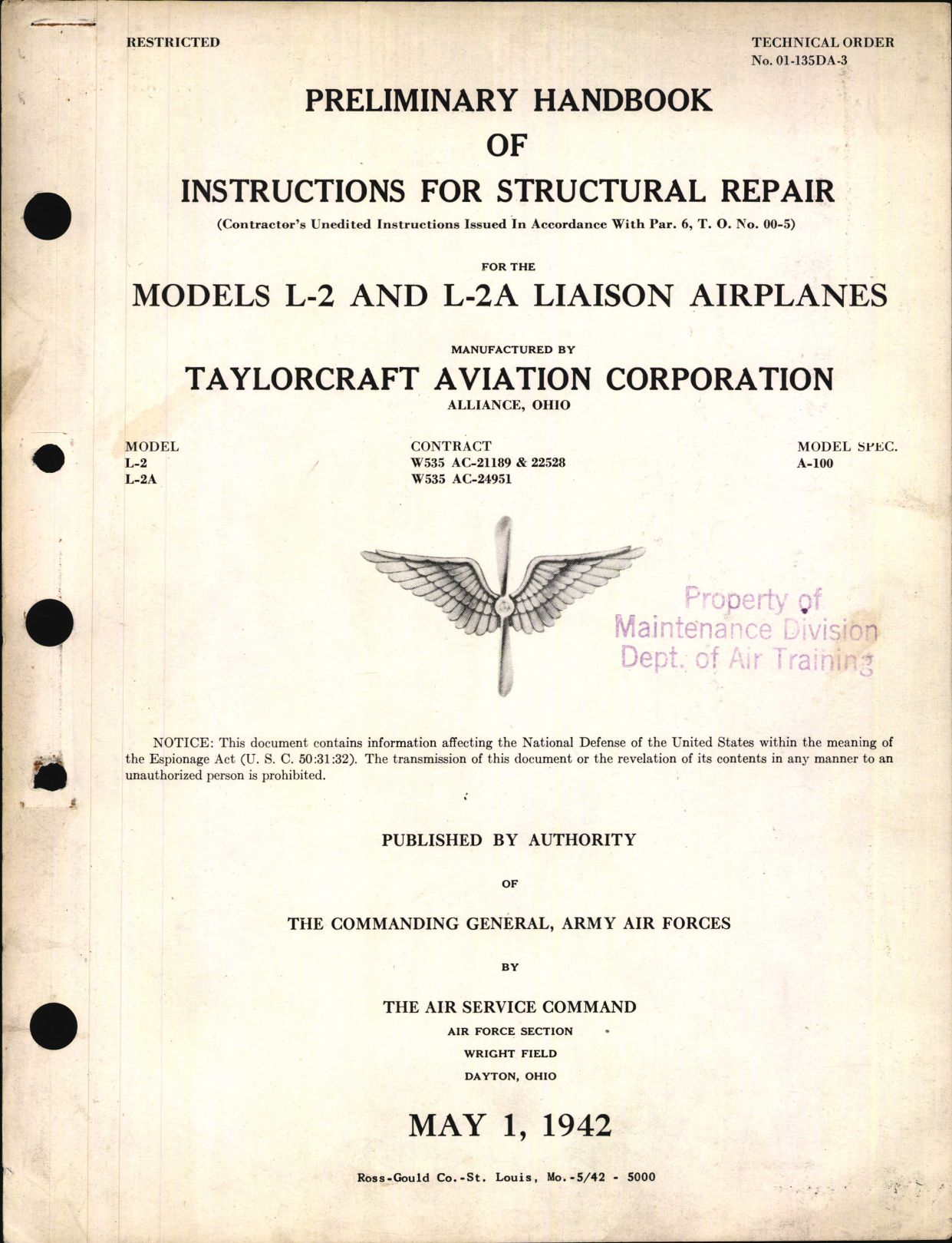 Sample page 1 from AirCorps Library document: Structural Repair Instructions for Models L-2 and L-2A Liaison Airplanes