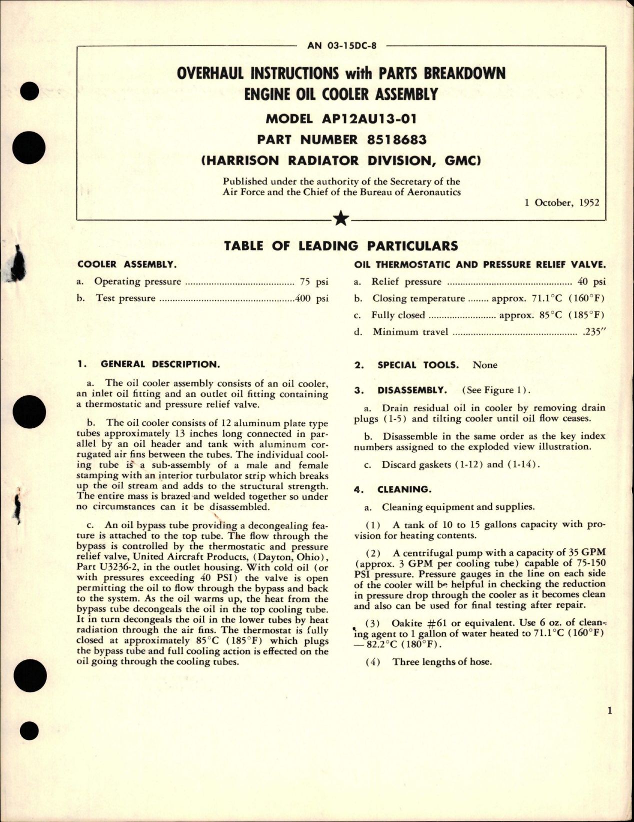 Sample page 1 from AirCorps Library document: Overhaul Instructions with Parts for Engine Oil Cooler Assembly - Model AP12AU13-01 - Part 8518683
