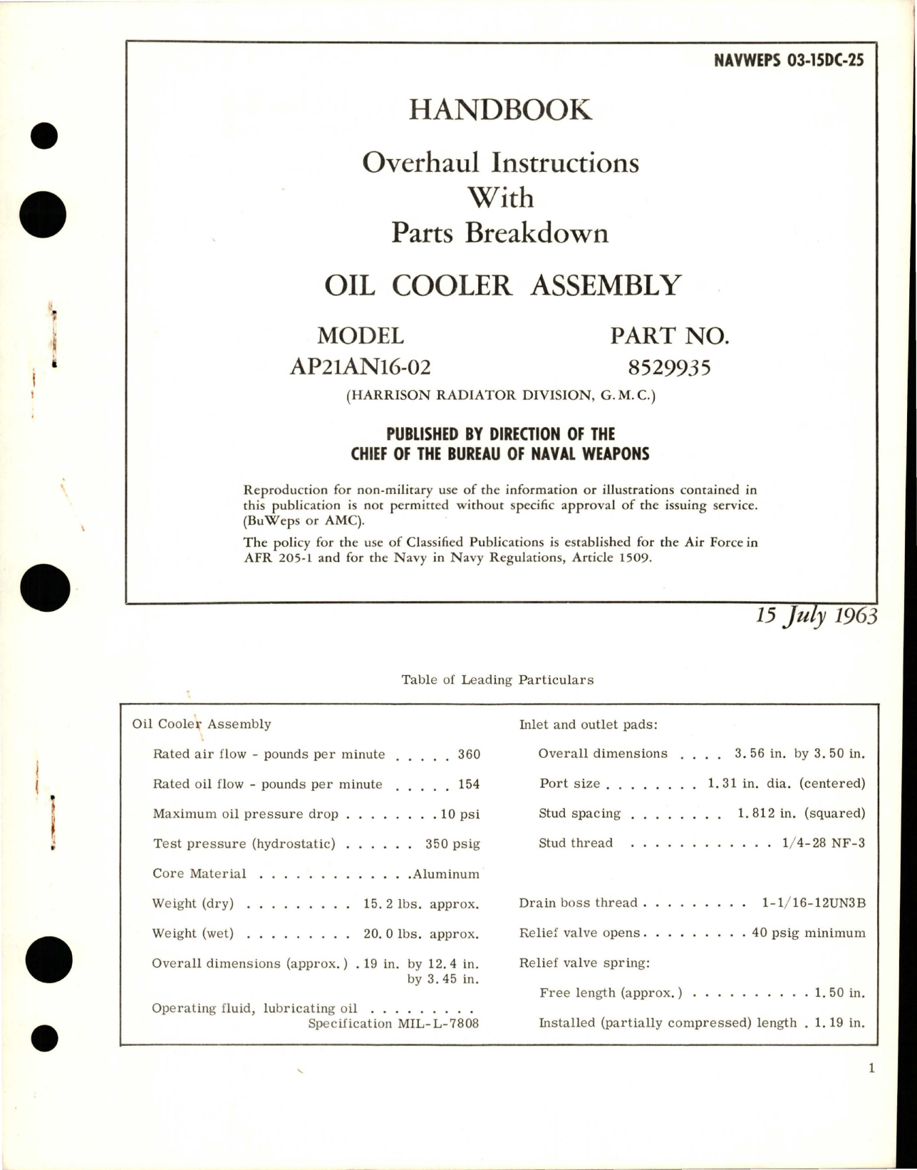 Sample page 1 from AirCorps Library document: Overhaul Instructions with Parts for Oil Cooler Assembly - Model AP21AN16-02 - Part 8529935