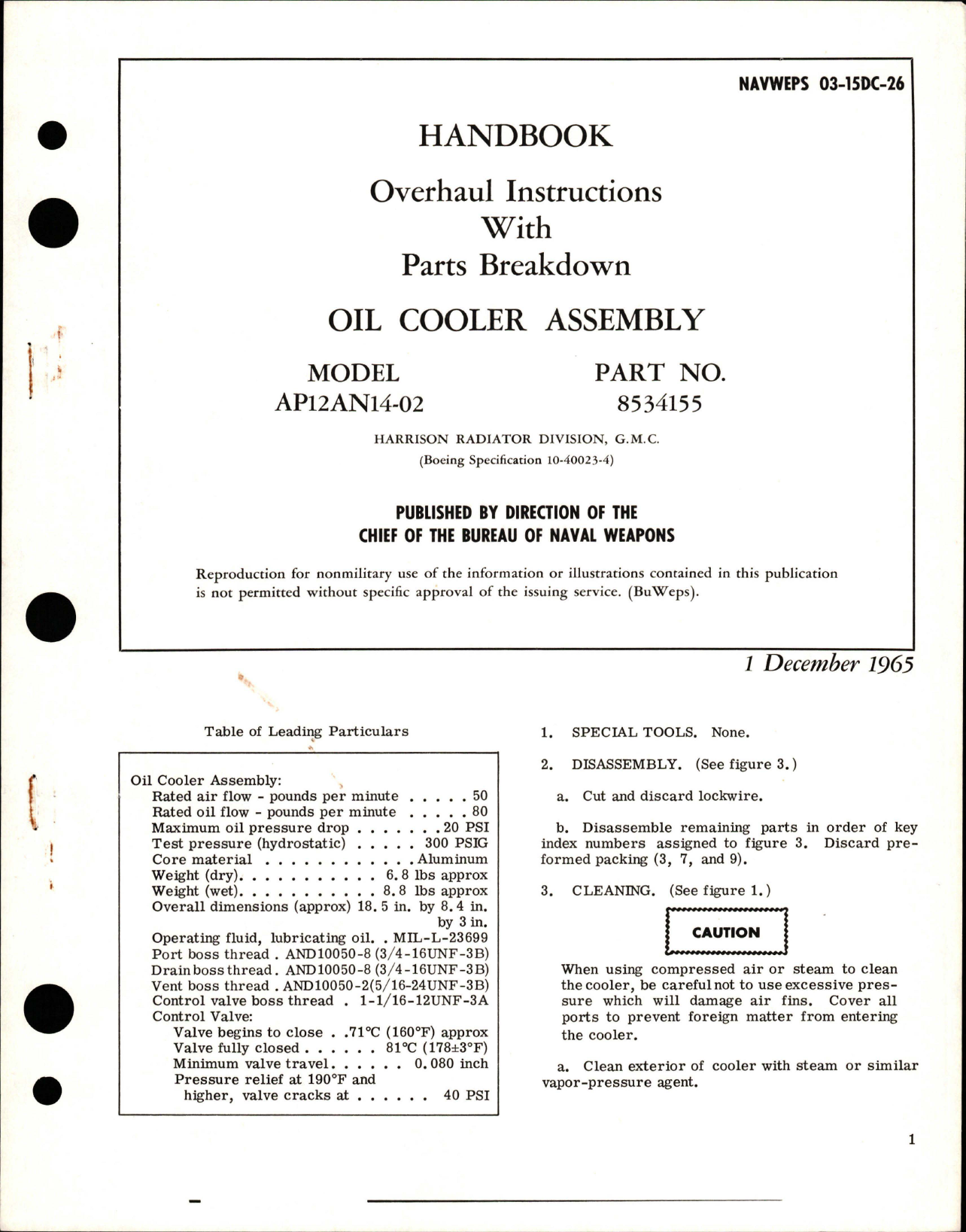 Sample page 1 from AirCorps Library document: Overhaul Instructions with Parts Breakdown for Oil Cooler Assembly - Model AP12AN14-02 - Part 8534155
