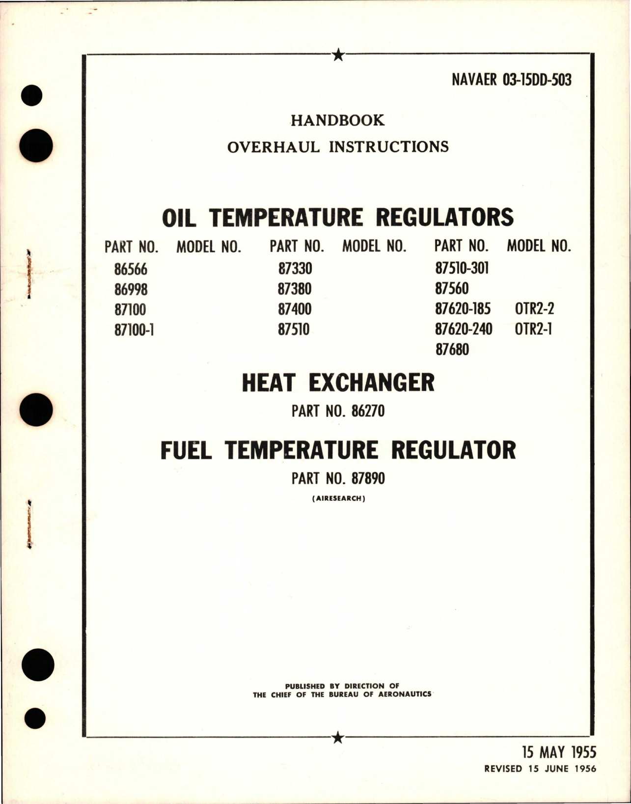 Sample page 1 from AirCorps Library document: Overhaul Instructions for Oil Temperature Regulators, Heat Exchanger and Fuel Temp Regulator