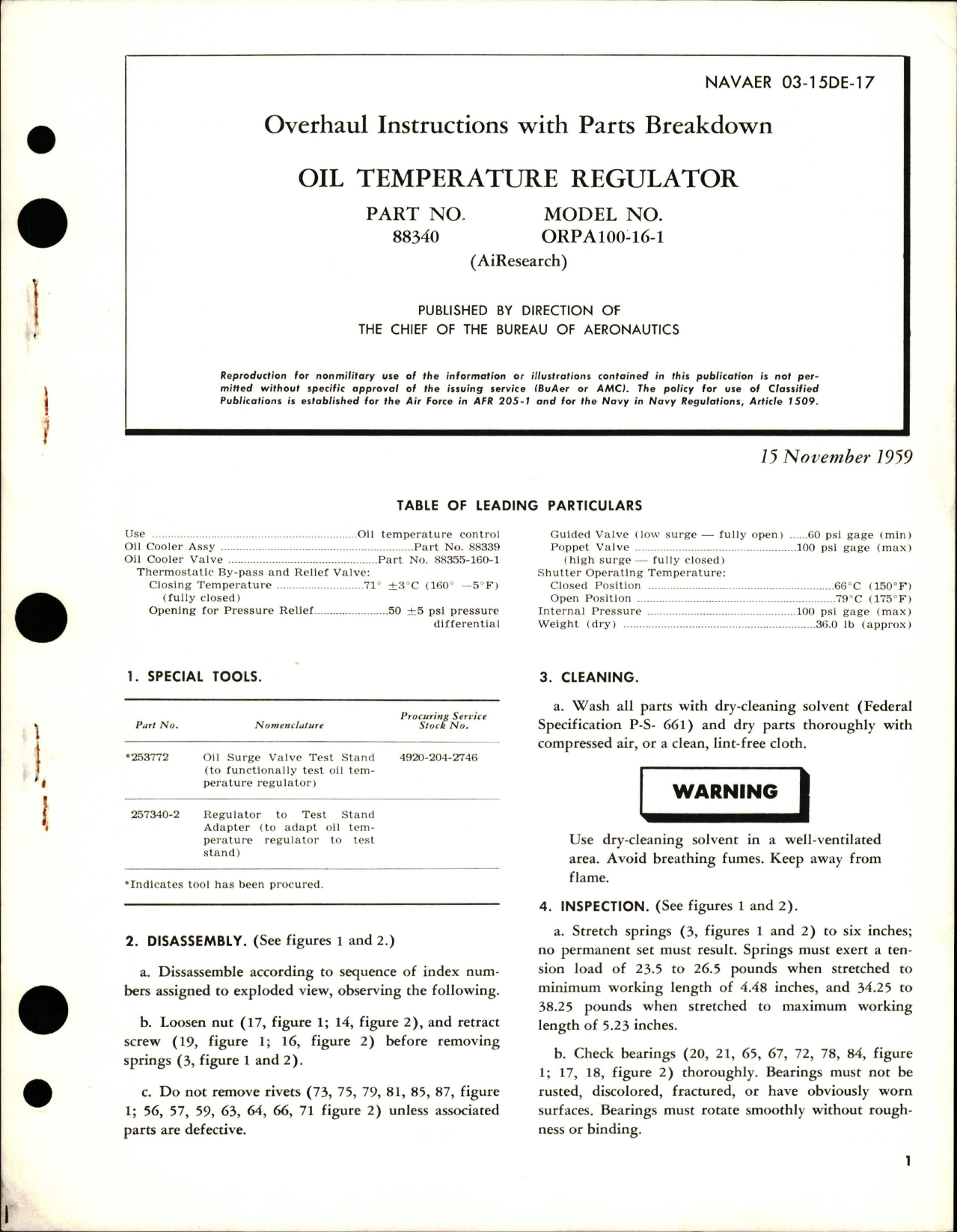 Sample page 1 from AirCorps Library document: Overhaul Instructions with Parts Breakdown for Oil Temperature Regulator - Part 88340 - Model ORPA100-16-1
