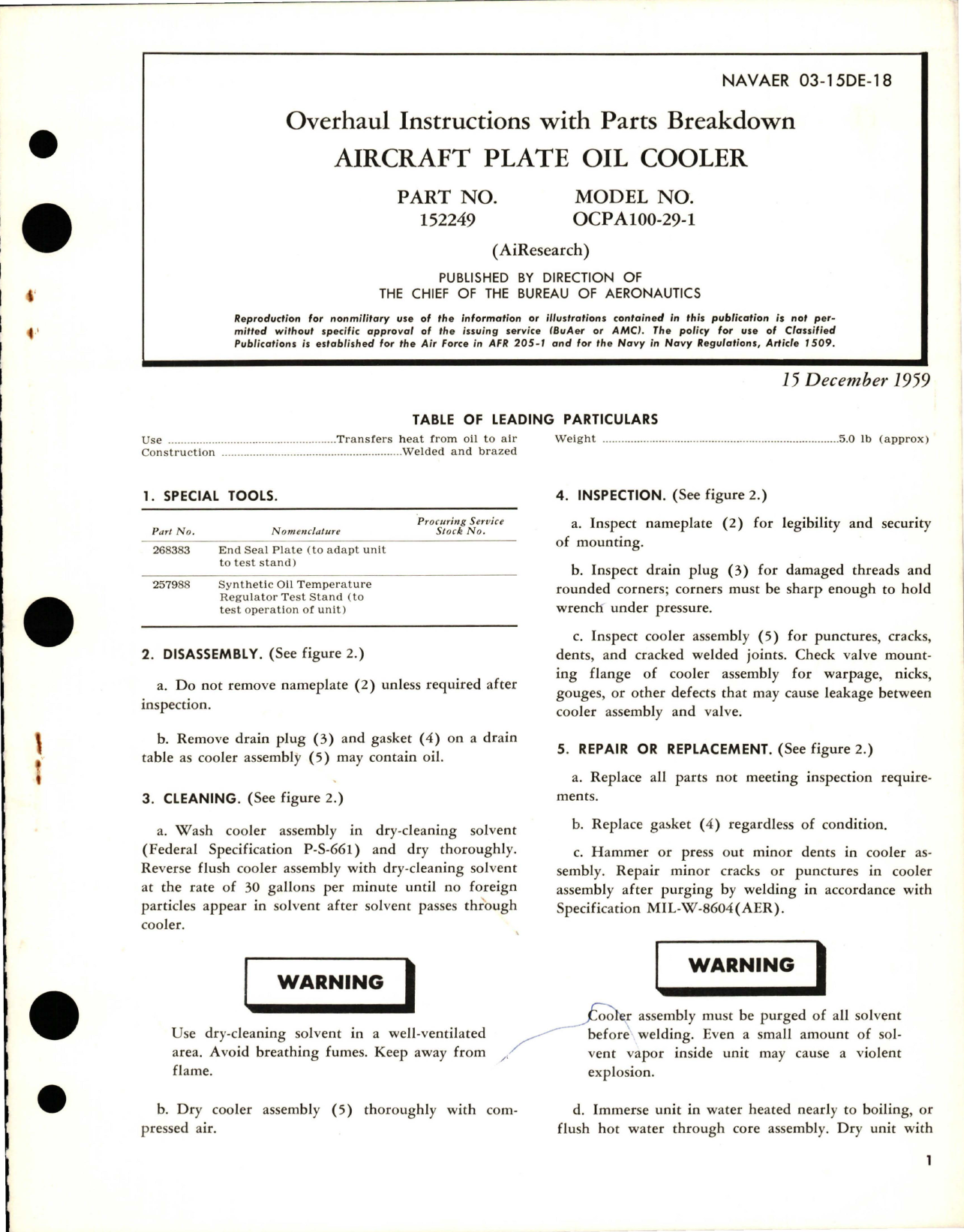 Sample page 1 from AirCorps Library document: Overhaul Instructions with Parts Breakdown for Aircraft Plate Oil Cooler - Part 152249 - Model OCPA100-29-1