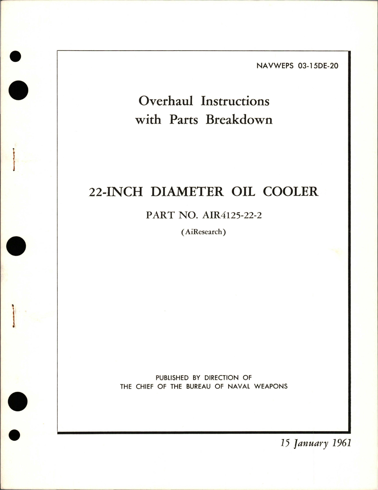 Sample page 1 from AirCorps Library document: Overhaul Instructions with Parts Breakdown for Oil Cooler - 22 Inch Diameter - Part AIR4125-22-2