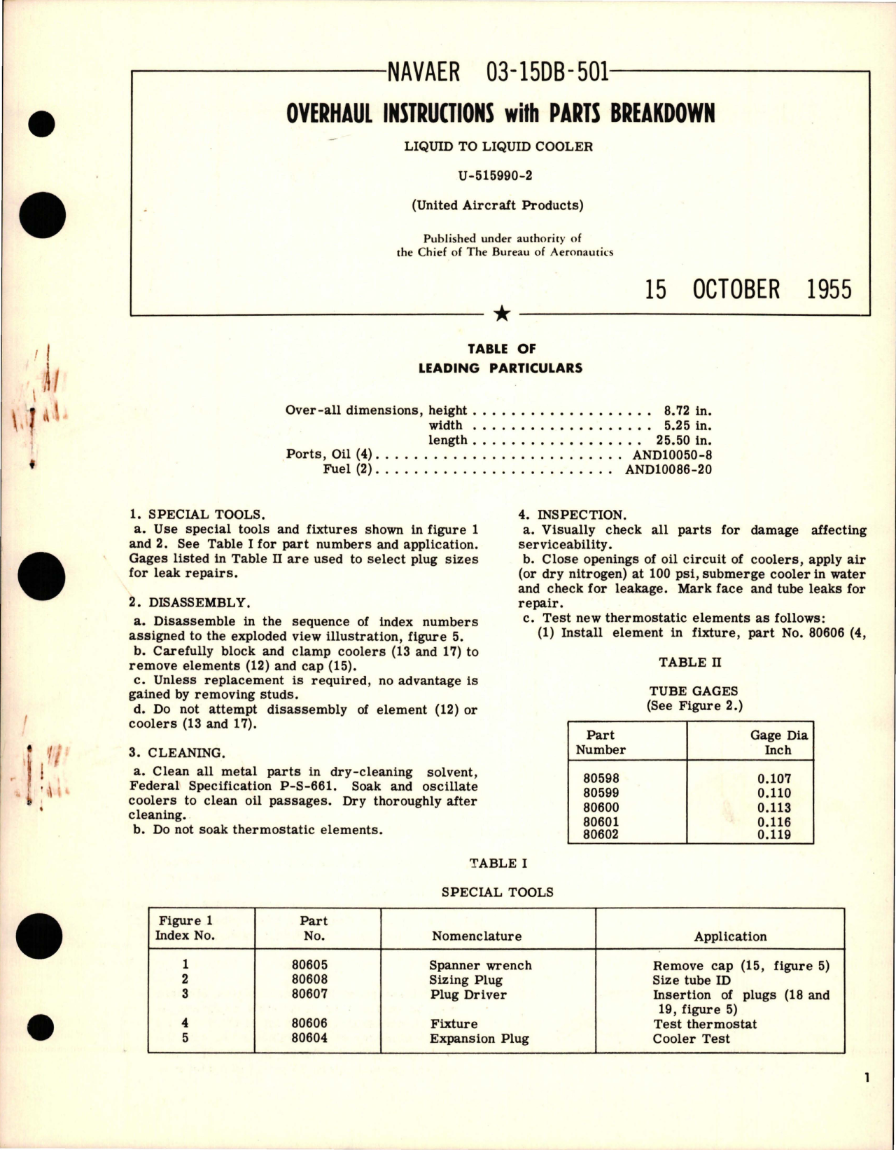 Sample page 1 from AirCorps Library document: Overhaul Instructions with Parts Breakdown for Liquid to Liquid Cooler - U-515990-2