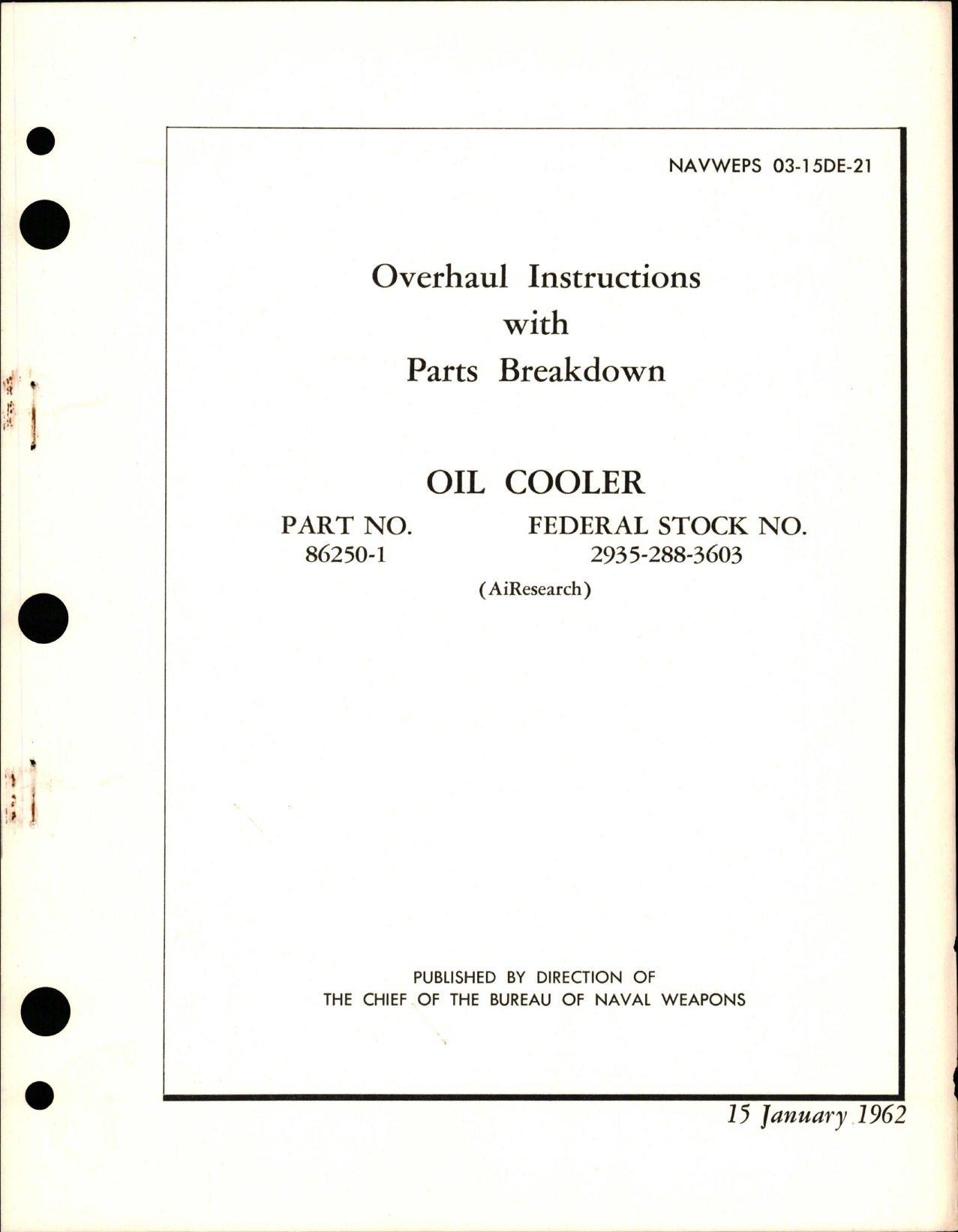 Sample page 1 from AirCorps Library document: Overhaul Instructions with Parts Breakdown for Oil Cooler - Part 86250-1