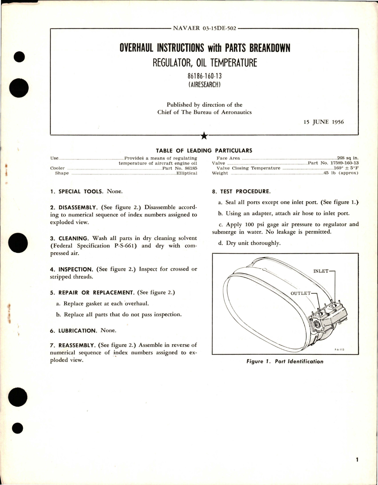 Sample page 1 from AirCorps Library document: Overhaul Instructions with Parts Breakdown for Oil Temperature Regulator - 86186-160-13