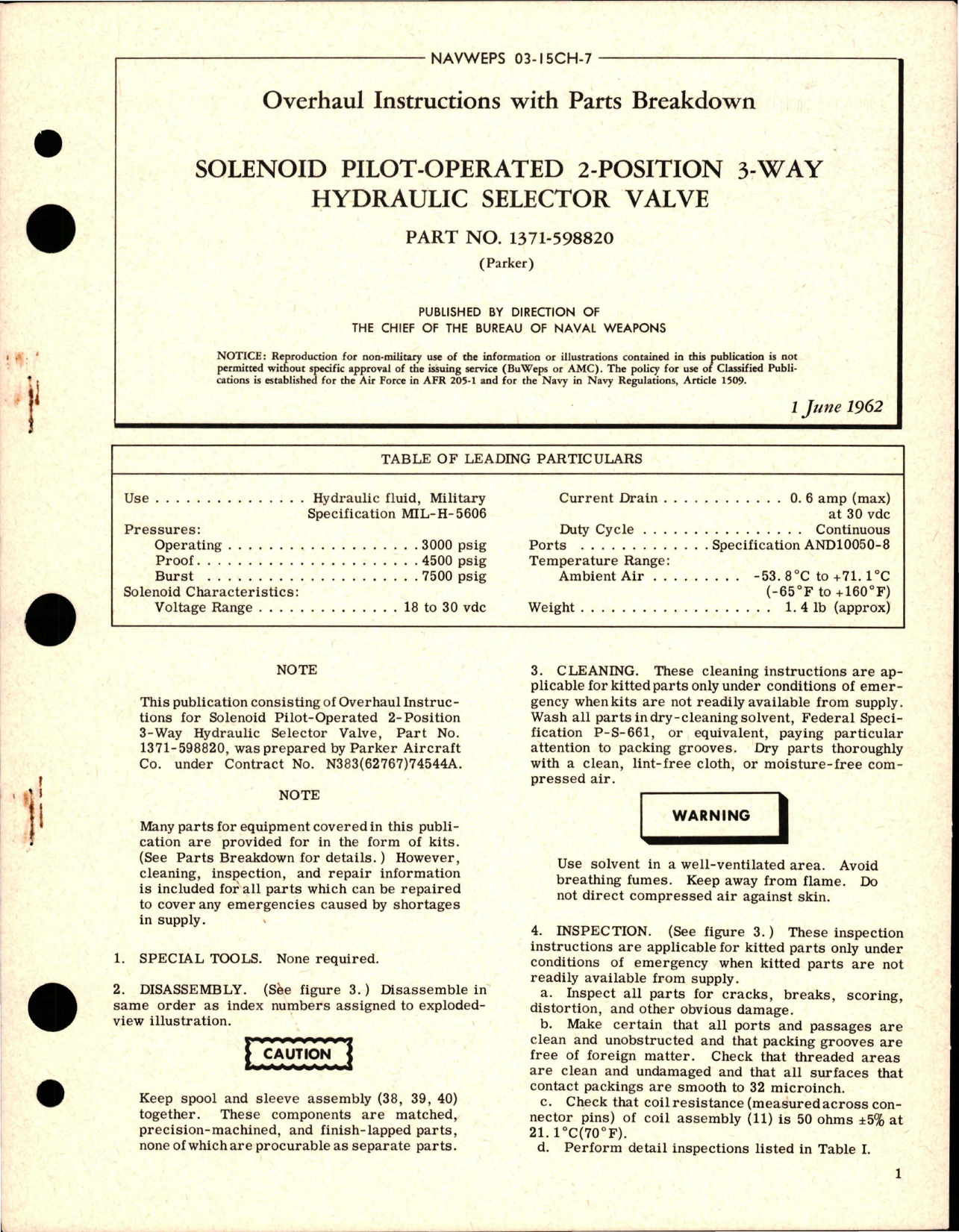 Sample page 1 from AirCorps Library document: Overhaul Instructions with Parts Breakdown for Solenoid Pilot Operated 2 Position 3 way Hydraulic Selector Valve - Part 1371-598820