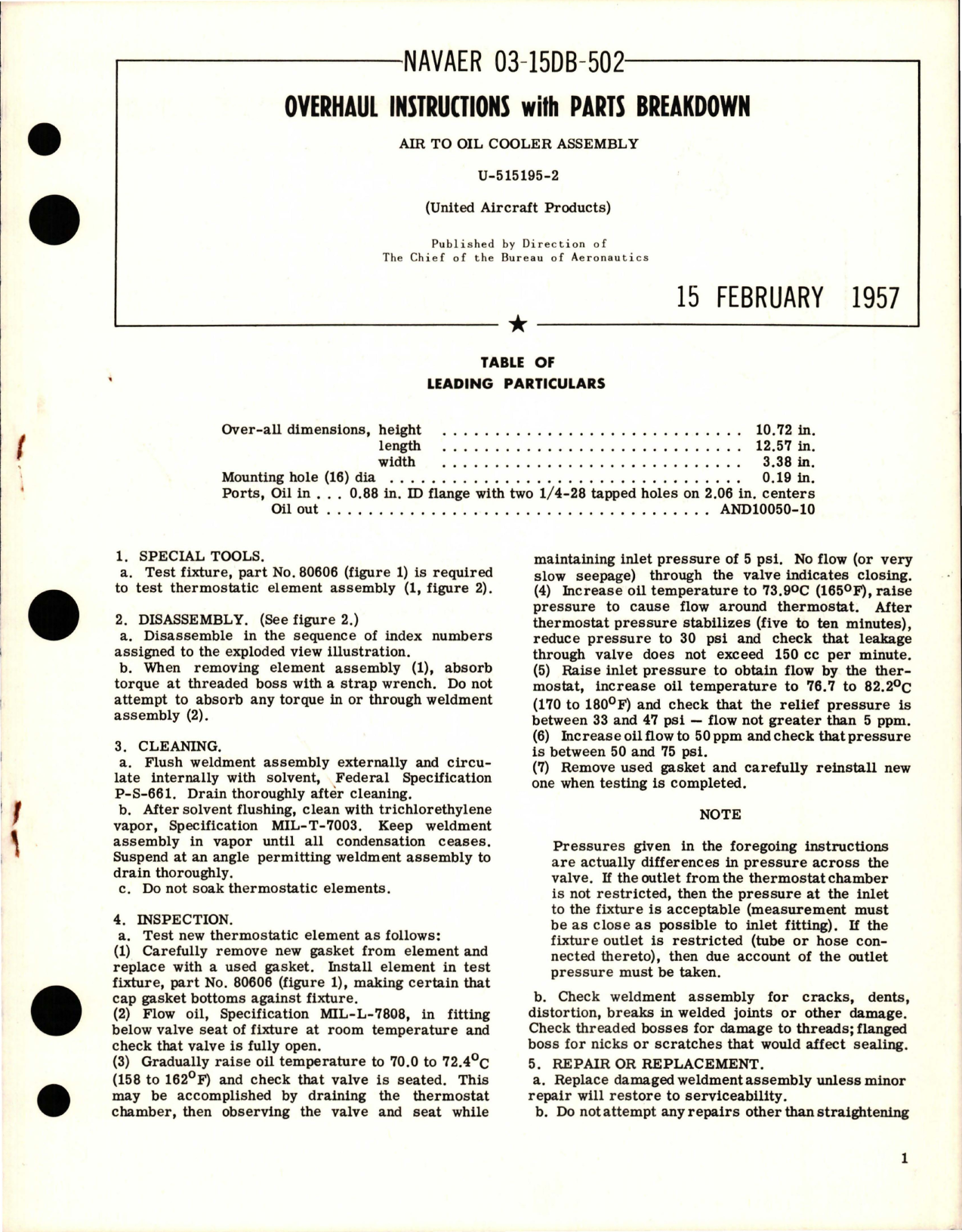 Sample page 1 from AirCorps Library document: Overhaul Instructions with Parts Breakdown for Air to Oil Cooler Assembly - U-515195-2