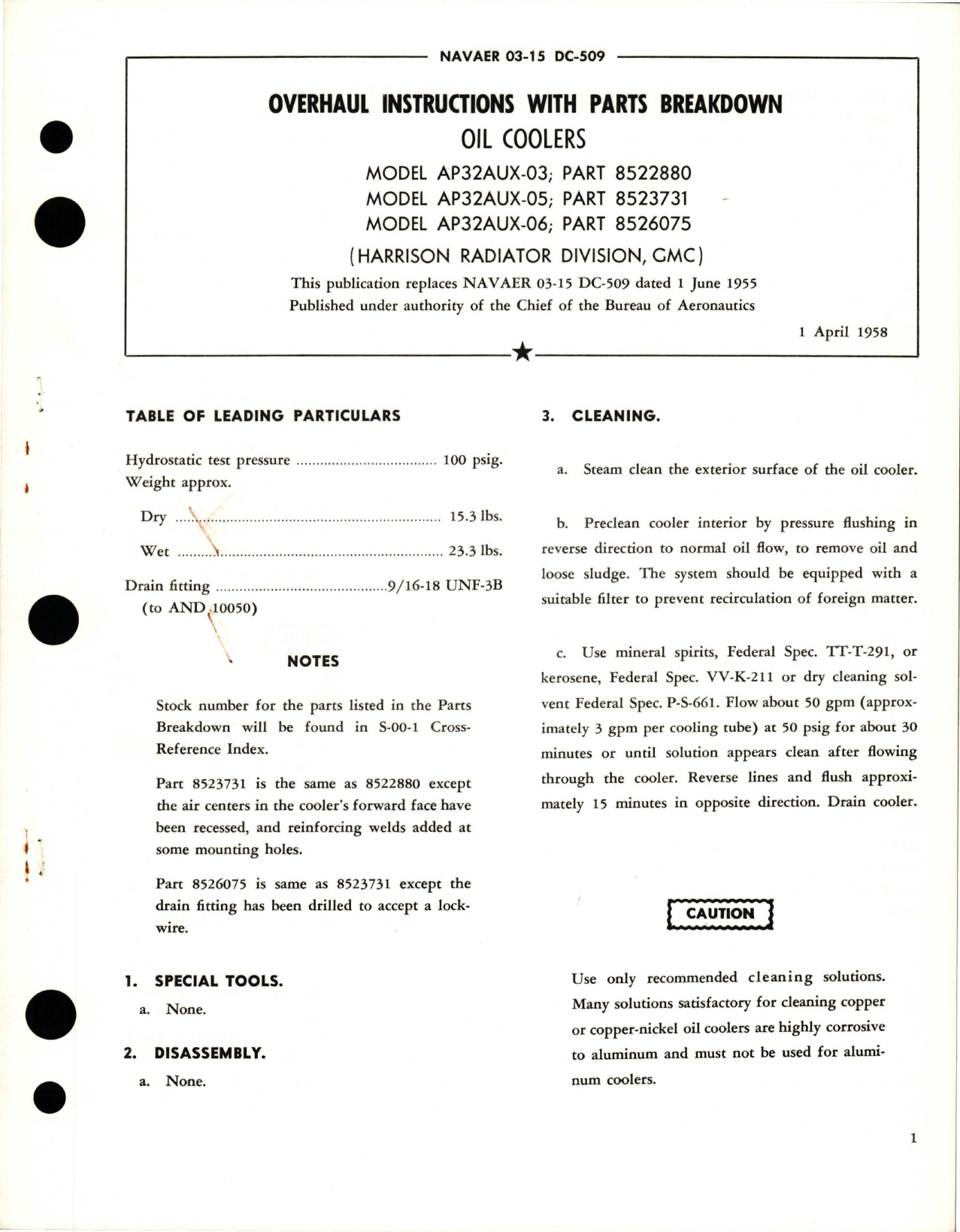Sample page 1 from AirCorps Library document: Overhaul Instructions with Parts Breakdown for Oil Coolers - Model AP32AUX-03, AP32AUX-05, and AP32AUX-06