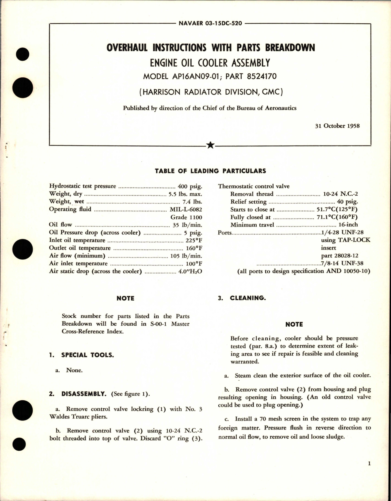 Sample page 1 from AirCorps Library document: Overhaul Instructions with Parts Breakdown for Engine Oil Cooler Assembly - Model AP16AN09-01 - Part 8524170