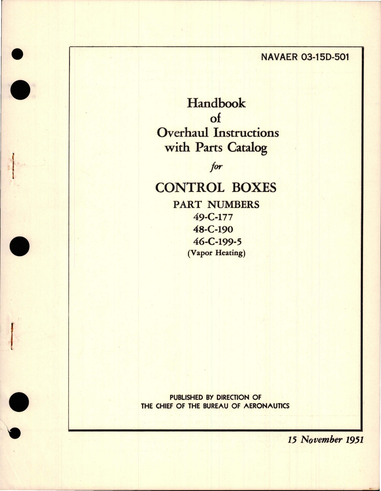 Sample page 1 from AirCorps Library document: Overhaul Instructions with Parts Catalog for Control Boxes - Parts 49-C-177, 48-C-190, and 46-C-199-5