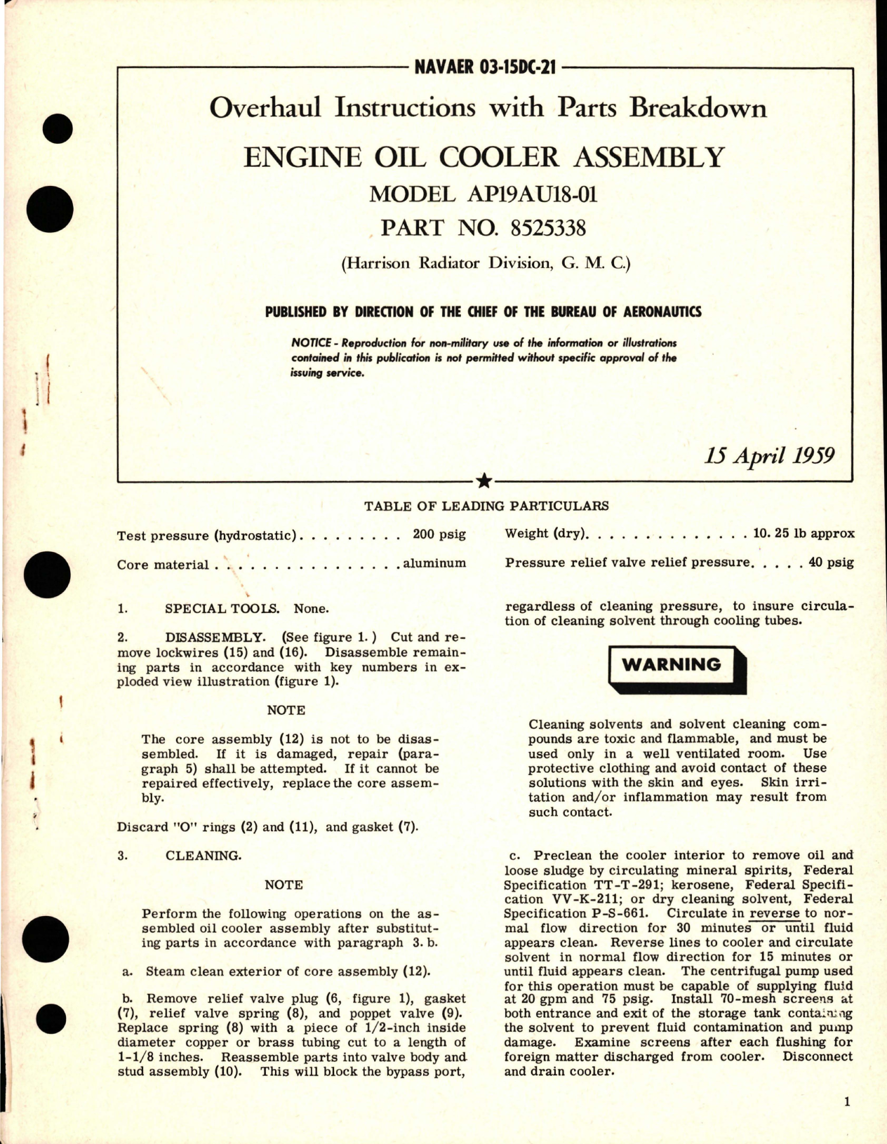 Sample page 1 from AirCorps Library document: Overhaul Instructions with Parts for Engine Oil Cooler Assembly - Model AP19AU18-01 - Part 8525338