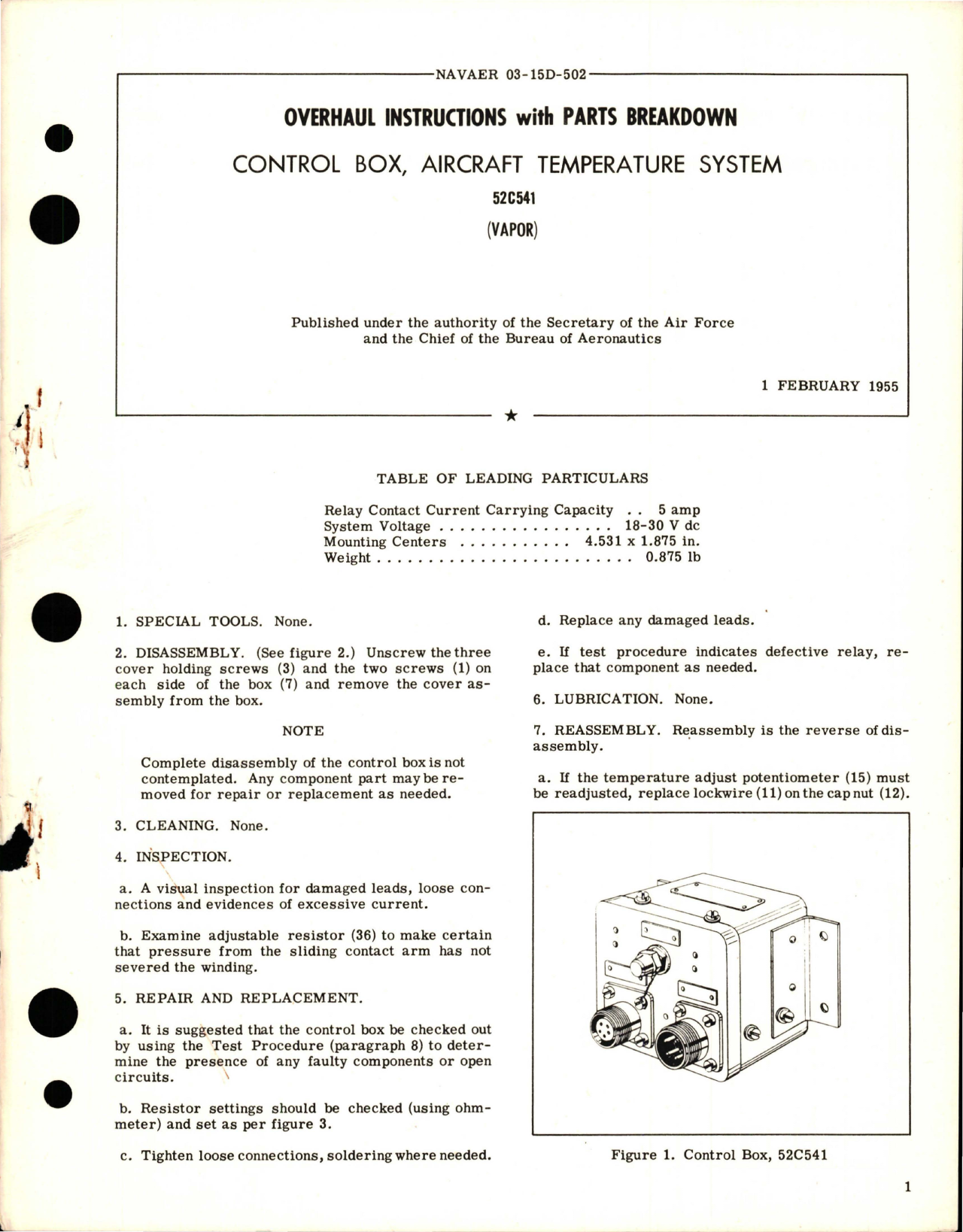 Sample page 1 from AirCorps Library document: Overhaul Instructions with Parts Breakdown for Temperature System Control Box - 52C541