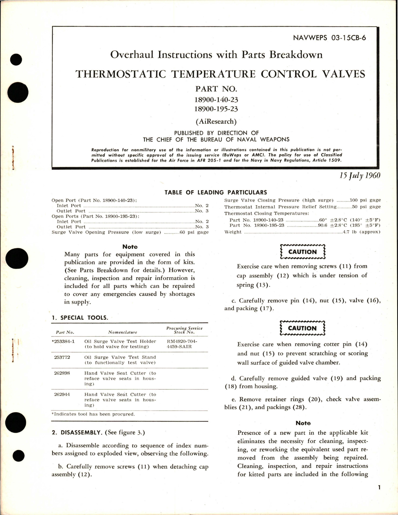 Sample page 1 from AirCorps Library document: Overhaul Instructions with Parts Breakdown for Thermostatic Temperature Control Valves - Parts 18900-140-23 and 18900-195-23