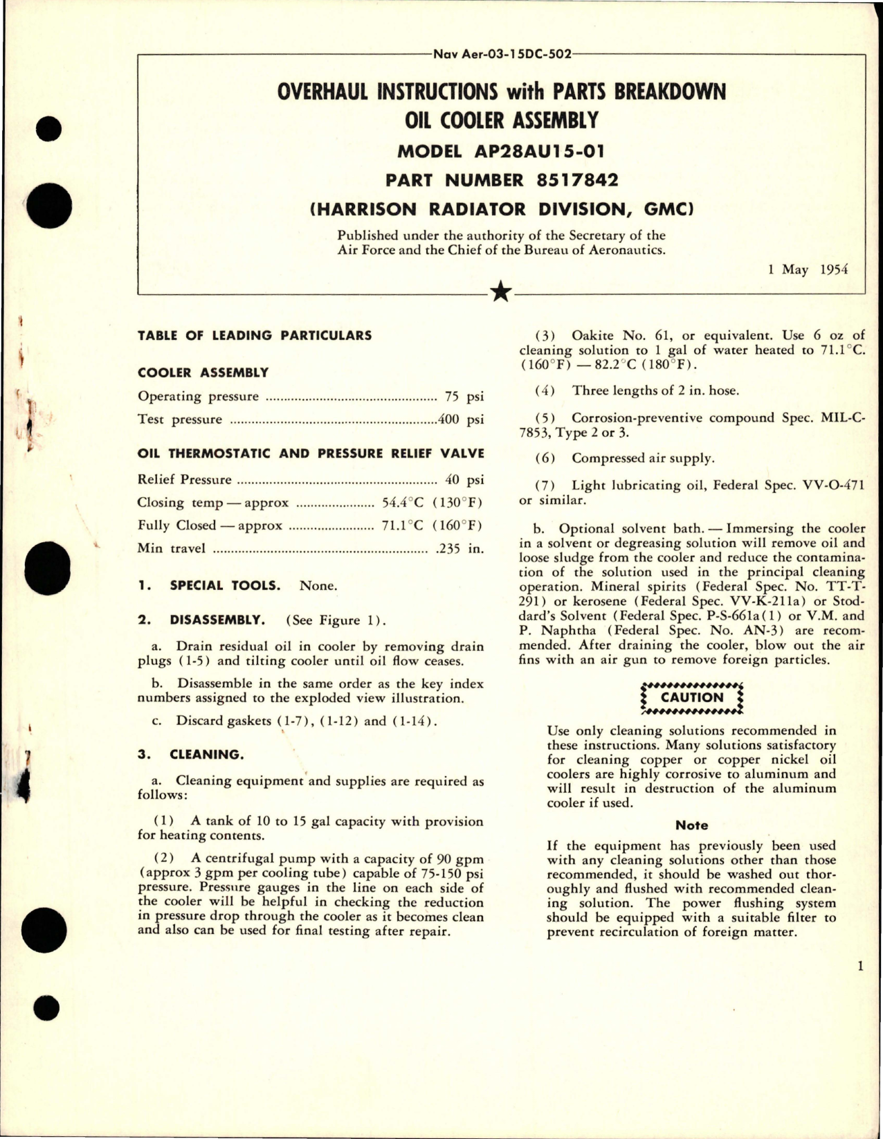 Sample page 1 from AirCorps Library document: Overhaul Instructions with Parts for Oil Cooler Assembly - Model AP28AU15-01 - Part 8517842