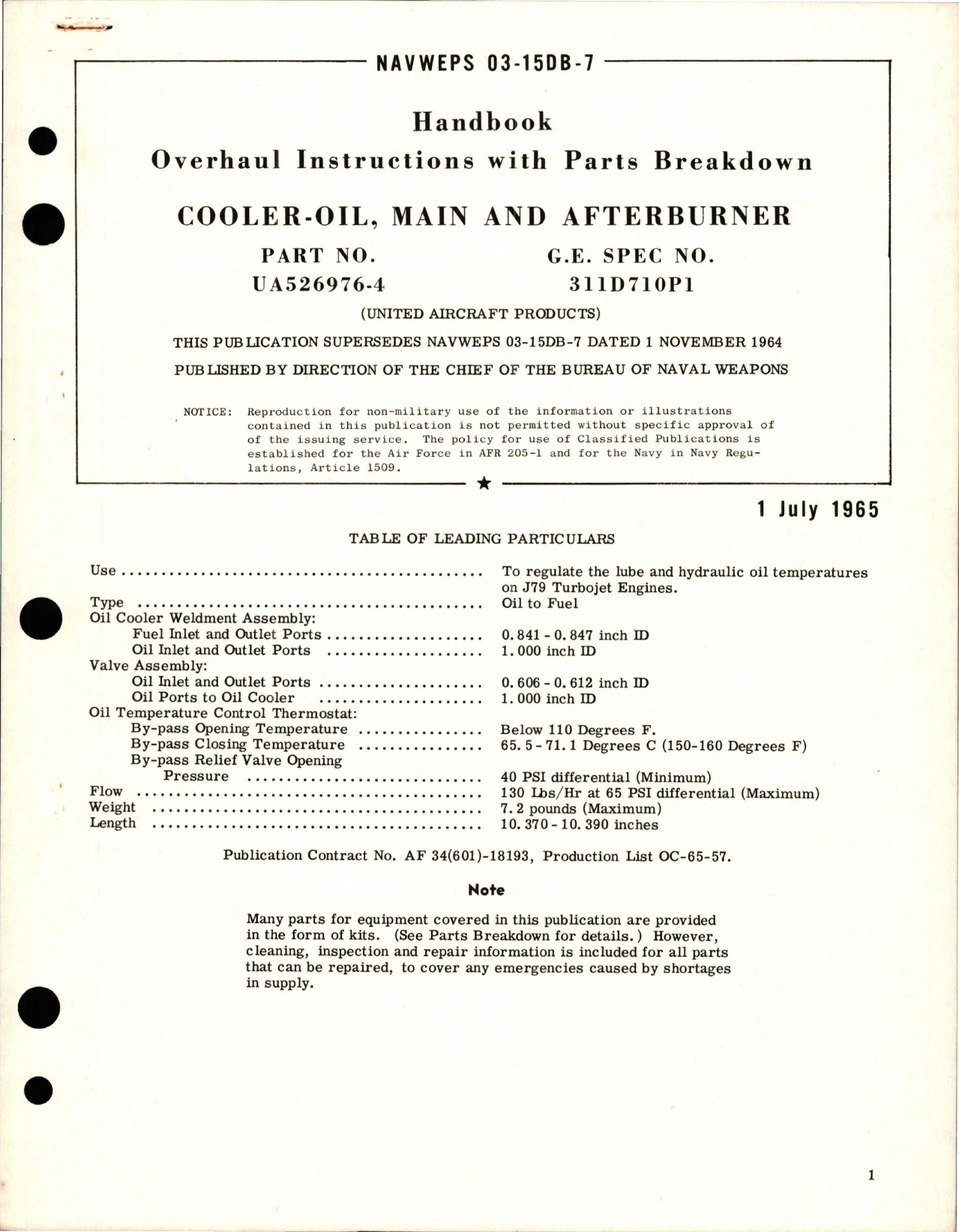 Sample page 1 from AirCorps Library document: Overhaul Instructions with Parts for Main and Afterburner Oil Cooler - Part UA526976-4