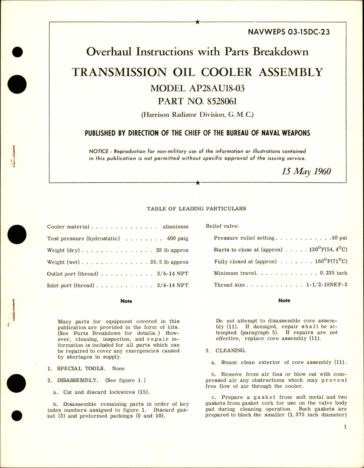 Sample page 1 from AirCorps Library document: Overhaul Instructions with Parts for Transmission Oil Cooler Assembly - Model AP28AU18-03 - Part 8528061