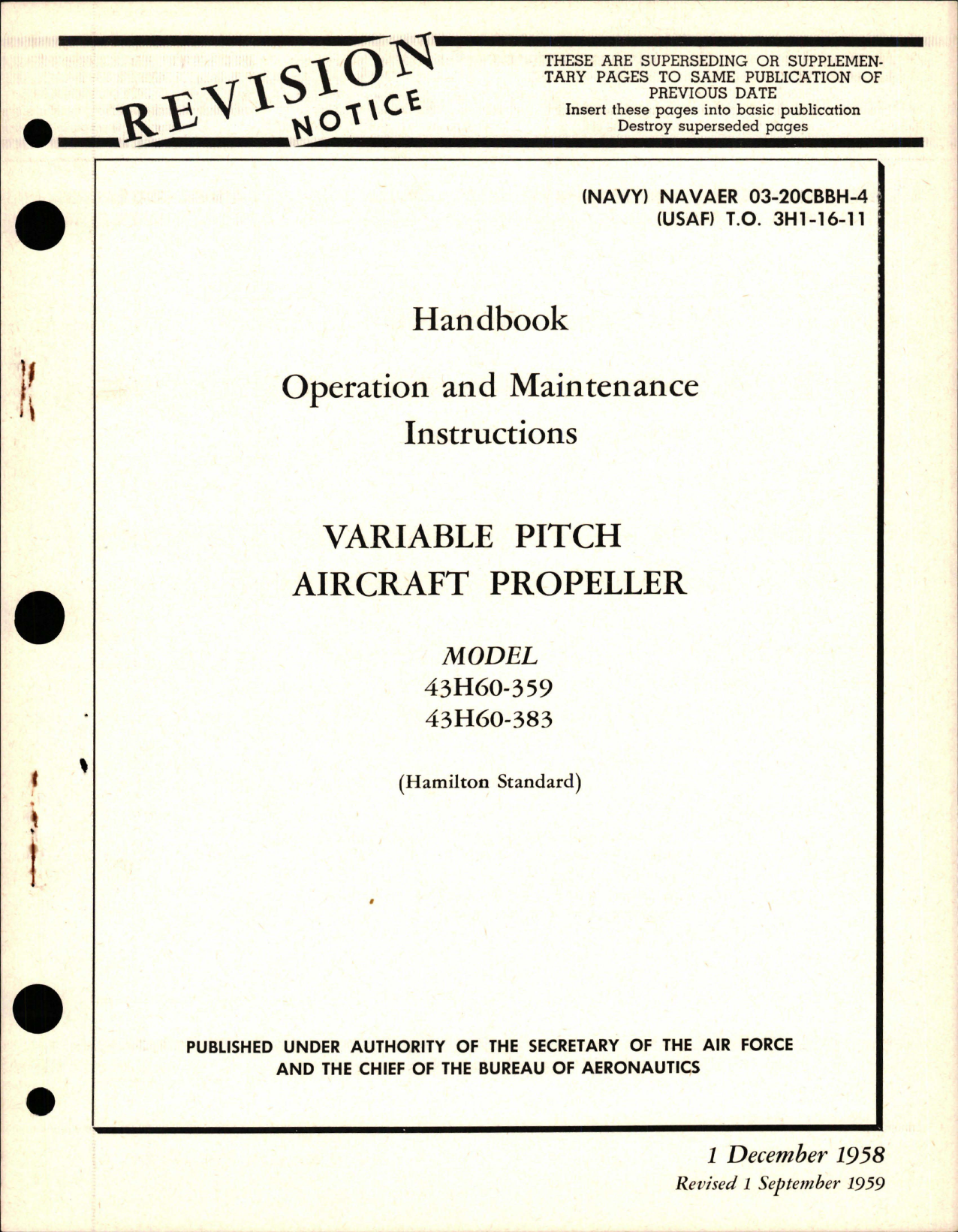 Sample page 1 from AirCorps Library document: Operation and Maintenance Instructions for Variable Pitch Propeller - Model 43H60-359 and 43H60-383