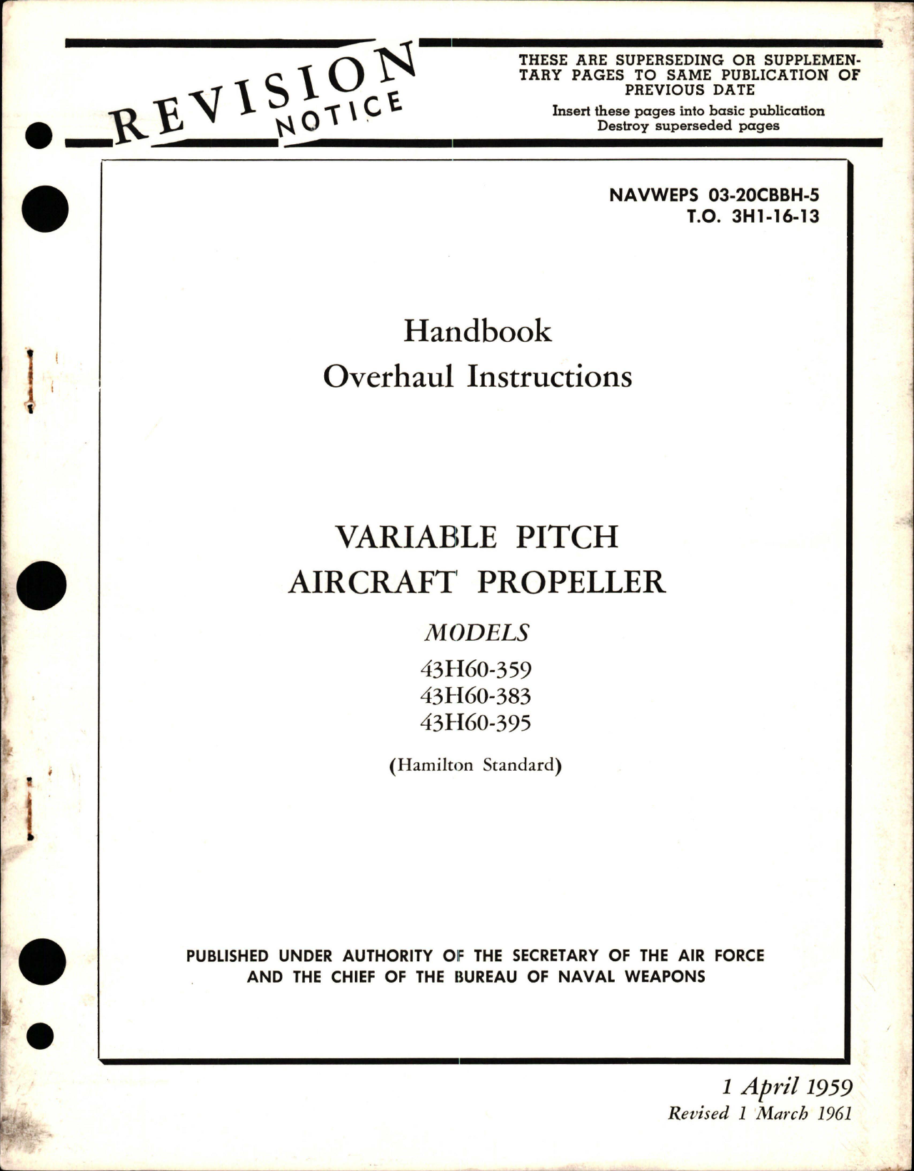 Sample page 1 from AirCorps Library document: Overhaul Instructions for Variable Pitch Propeller - Models 43H60-359, 43H60-383, and 43H60-395