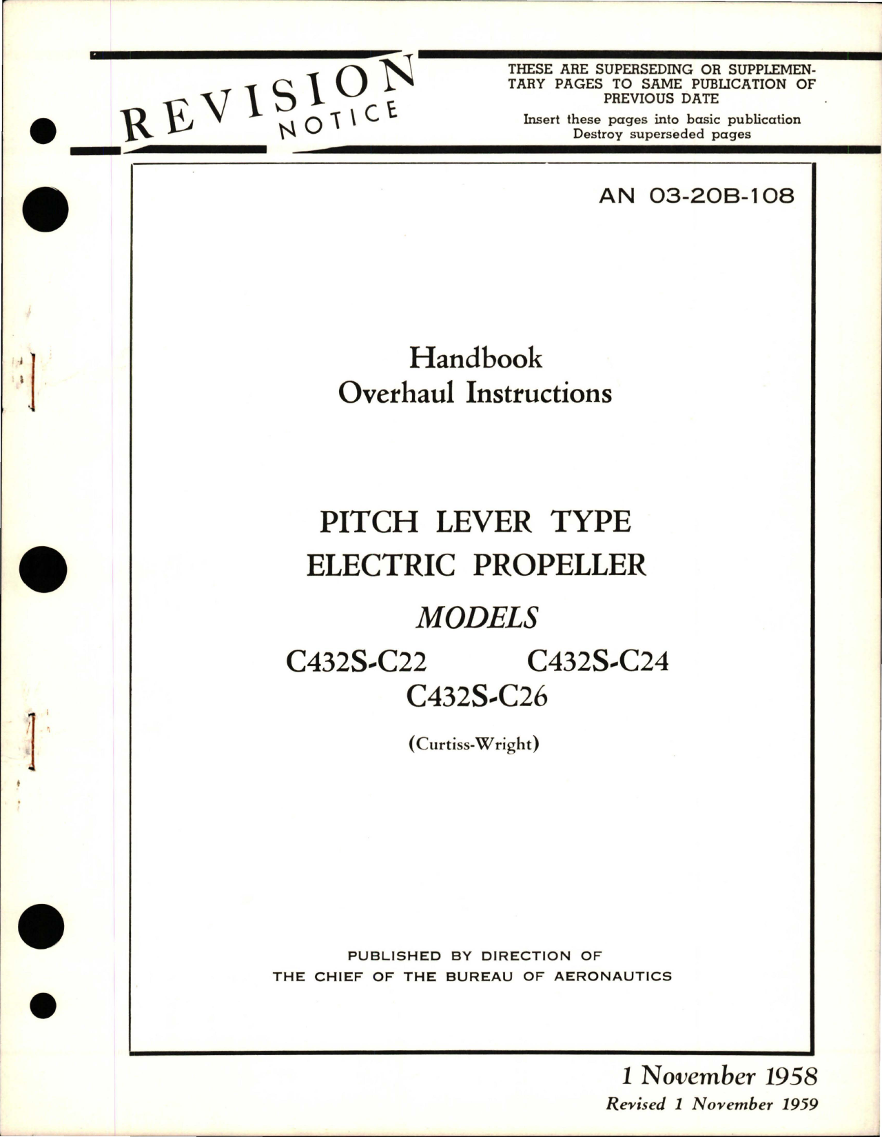 Sample page 1 from AirCorps Library document: Overhaul Instructions for Pitch Lever Type Electric Propeller - Models C432S-C22, C432S-C24, and C432S-C26
