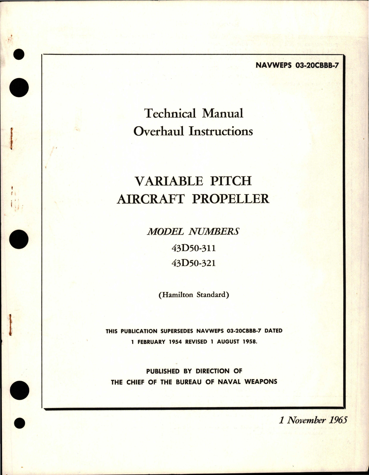 Sample page 1 from AirCorps Library document: Overhaul Instructions for Variable Pitch Aircraft Propeller - Models 43D50-311 and 43D50-321