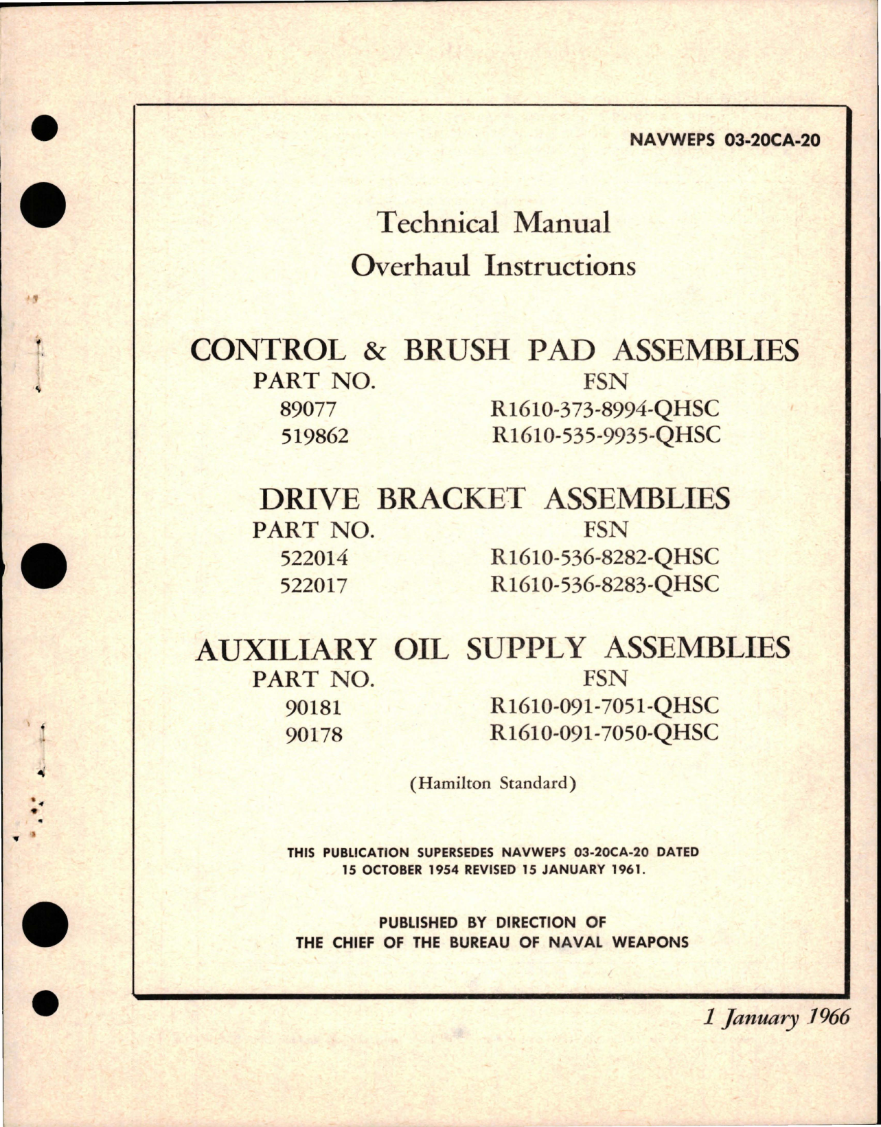 Sample page 1 from AirCorps Library document: Overhaul Instructions for Control & Brush Pad Assy, Drive Bracket Assy, and Auxiliary Oil Supply Assy
